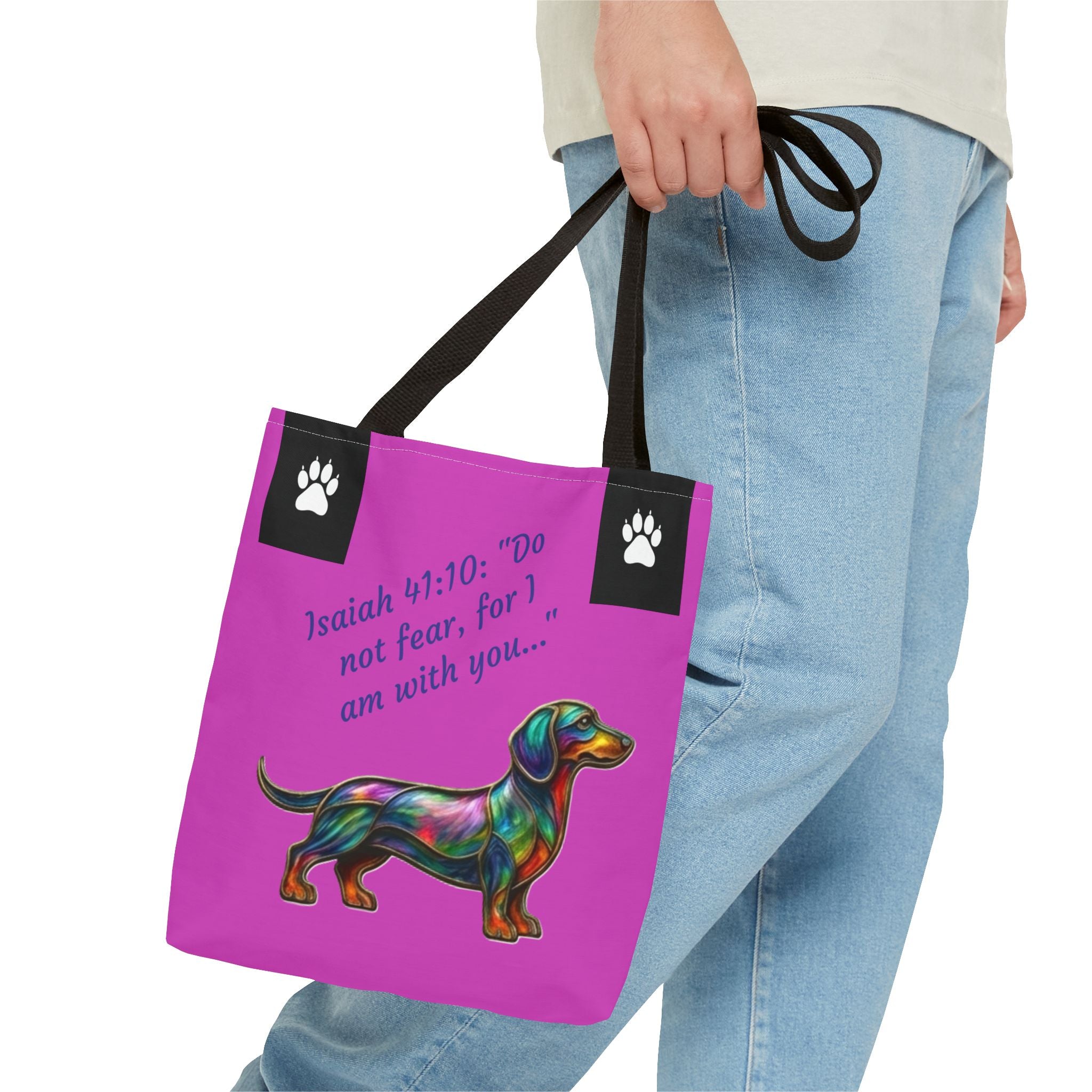 Faithful Paws City Dachshund Tote — Isaiah 41:10 Inspirational Dog Lover Bag