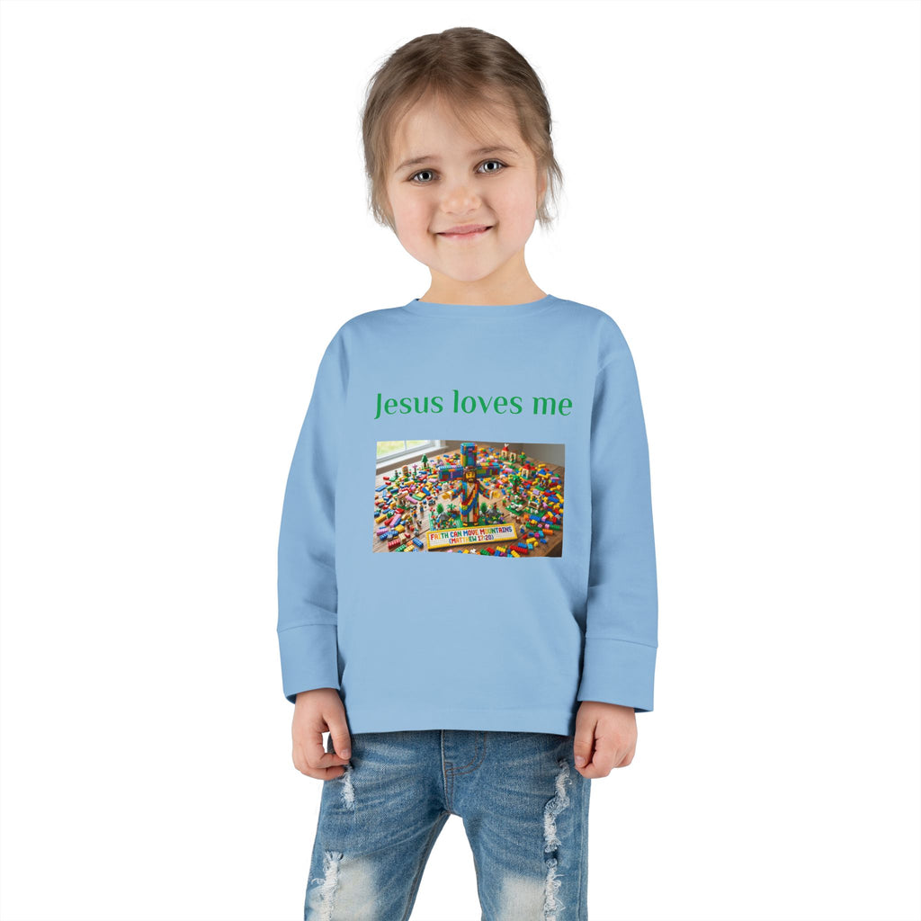 Toddler Long Sleeve Tee — "Jesus Loves Me" print with Colorful Legos Jesus on the cross - Sizes 2T - 6T