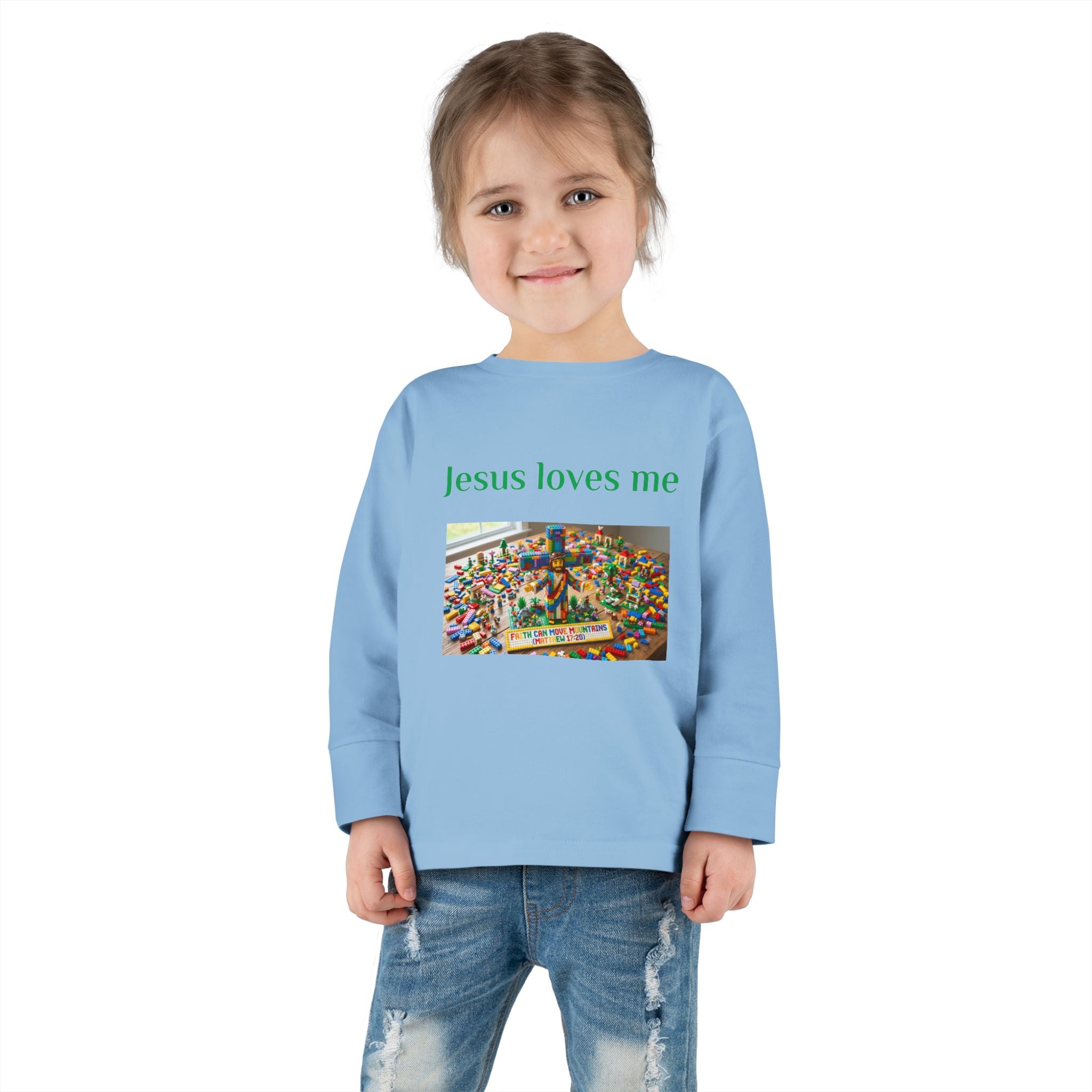 Toddler Long Sleeve Tee — "Jesus Loves Me" print with Colorful Legos Jesus on the cross - Sizes 2T - 6T