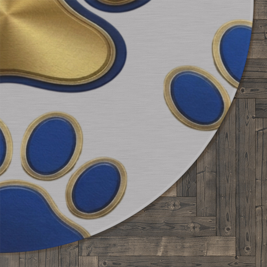 Round Pet Paw Rug — Blue & Gold Decorative Floor Mat