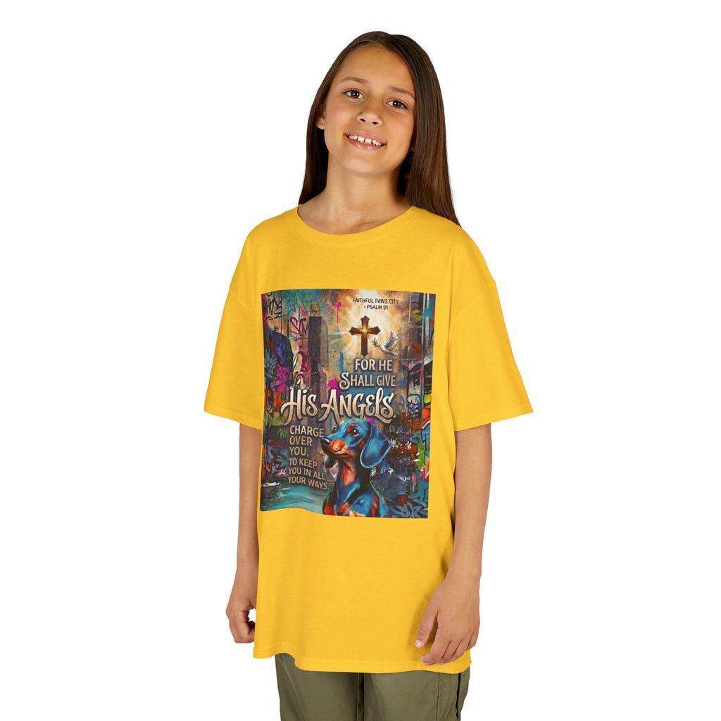 Kids Grafitti Dachshund T-Shirt — "Faithful Paws City" Colorful Angels & Paw Print Graphic Tee