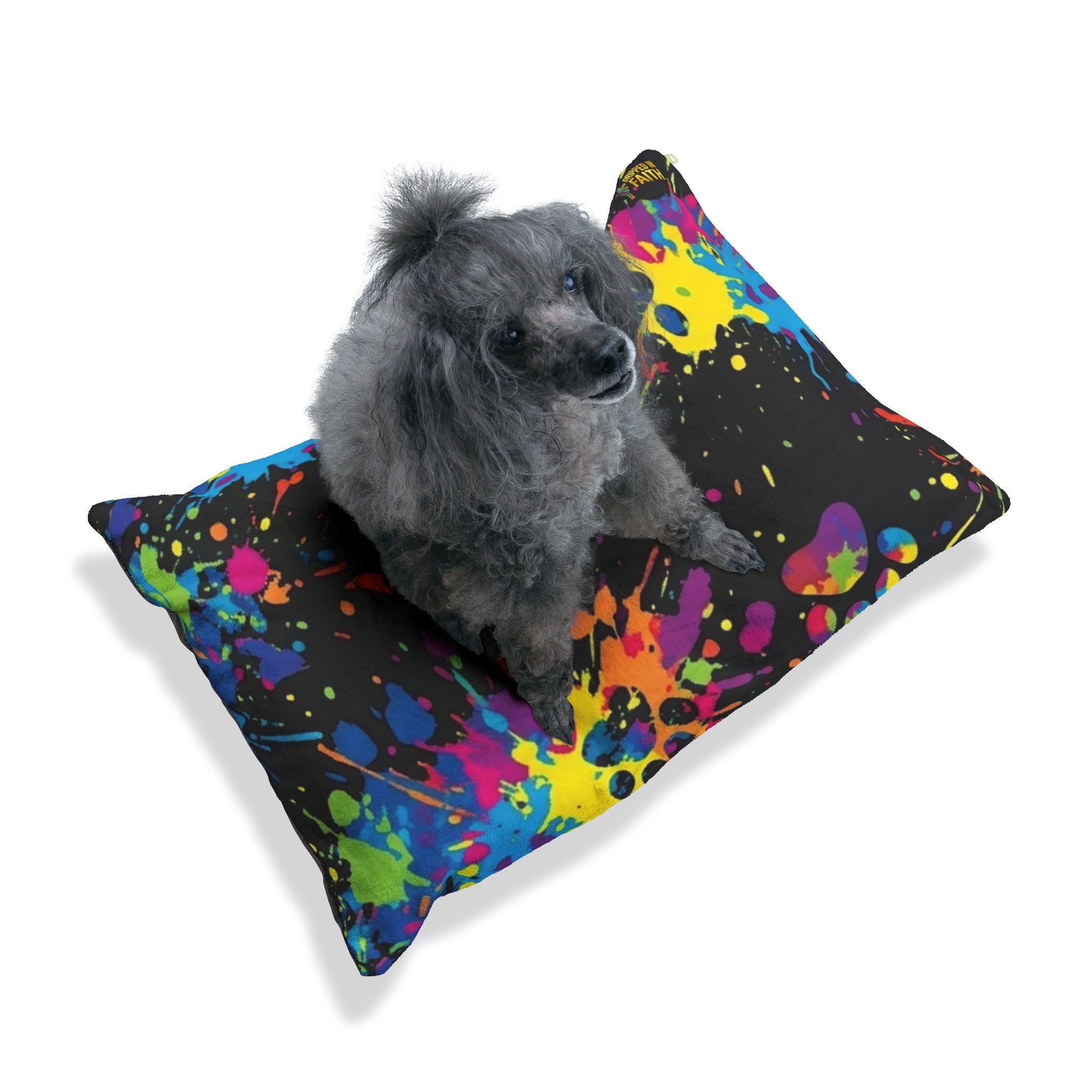 Colorful Paw Print Pet Bed — splatter paint design, cozy dog & cat cushion