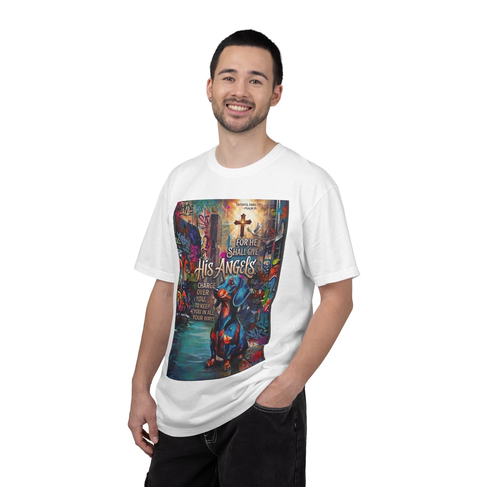 Unisex Christian Dog Grafitti T‑Shirt — "For He Shall Give His Angels Charge Over You" Inspirational Paw Print Tee