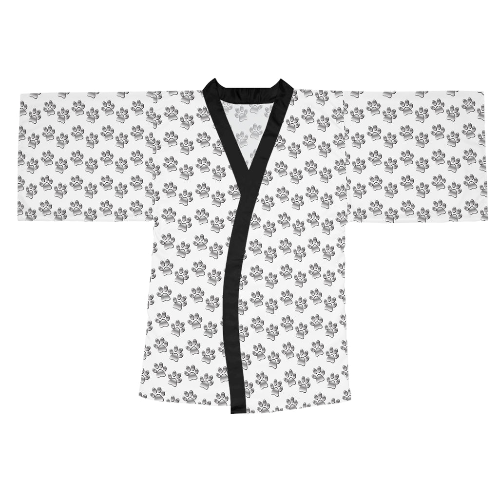 Ultra light Silver Paw Print Pattern Long Sleeve Kimono Robe | Pet Lover AOP