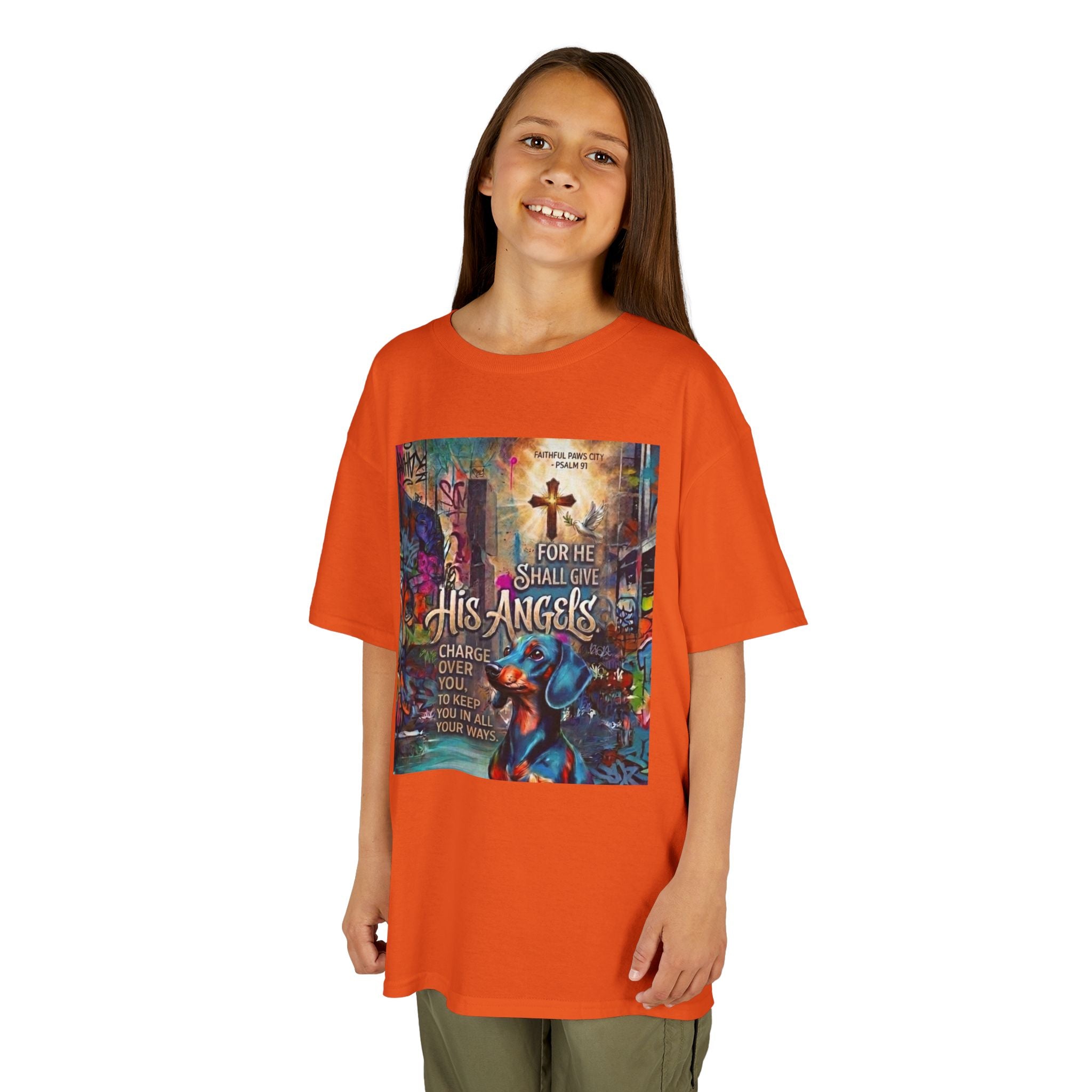 Kids Grafitti Dachshund T-Shirt — "Faithful Paws City" Colorful Angels & Paw Print Graphic Tee