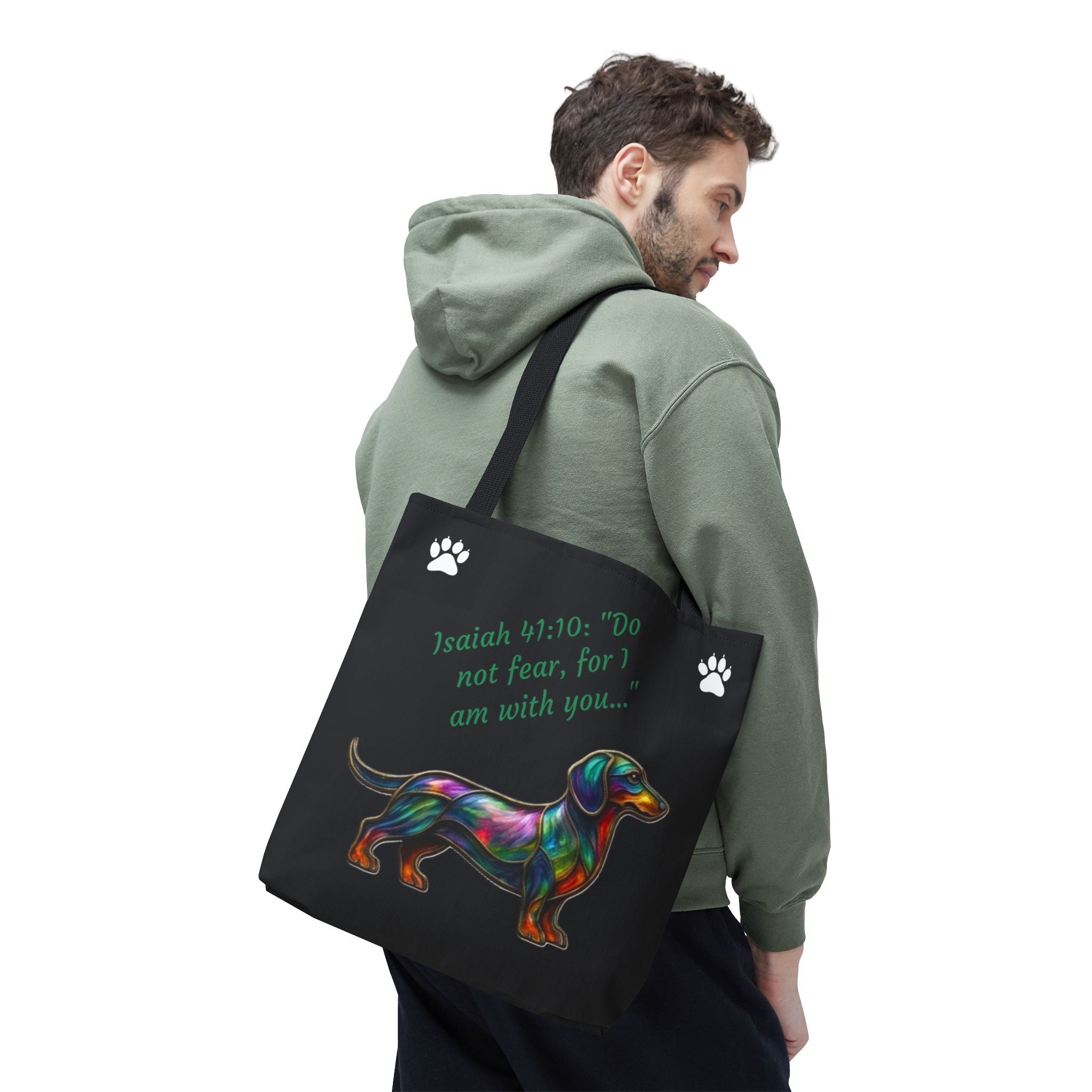 Faithful Paws City Dachshund Tote — Isaiah 41:10 Inspirational Dog Lover Bag