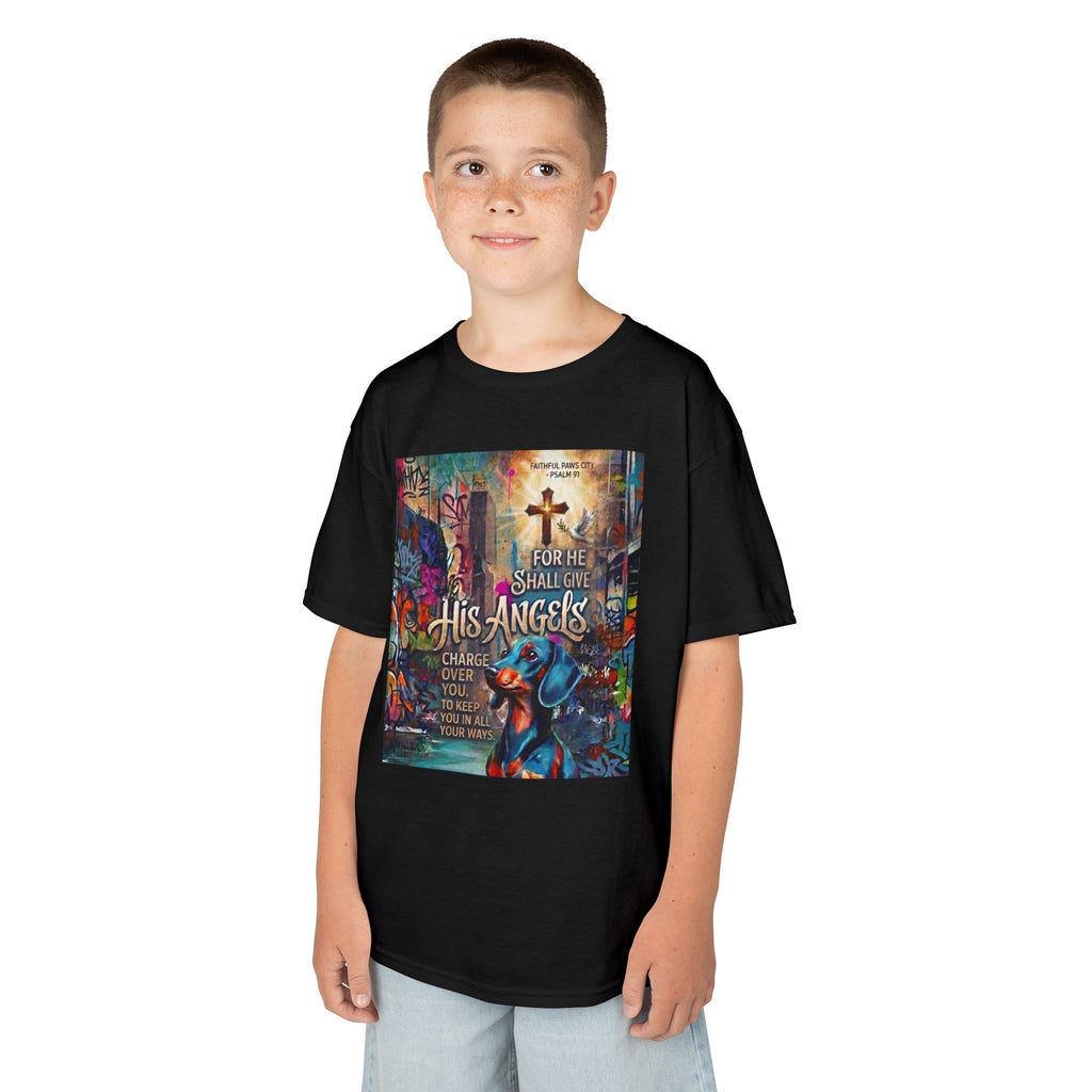 Kids Grafitti Dachshund T-Shirt — "Faithful Paws City" Colorful Angels & Paw Print Graphic Tee