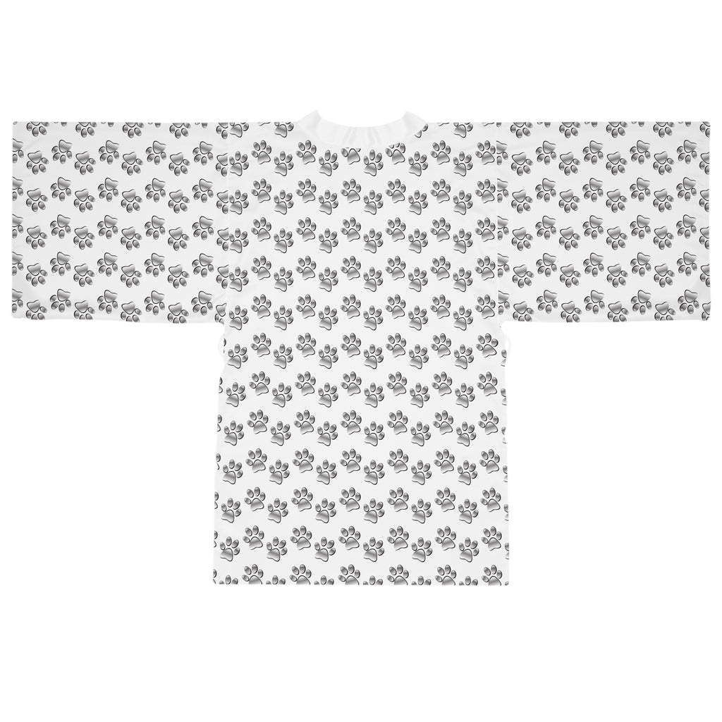Ultra light Silver Paw Print Pattern Long Sleeve Kimono Robe | Pet Lover AOP