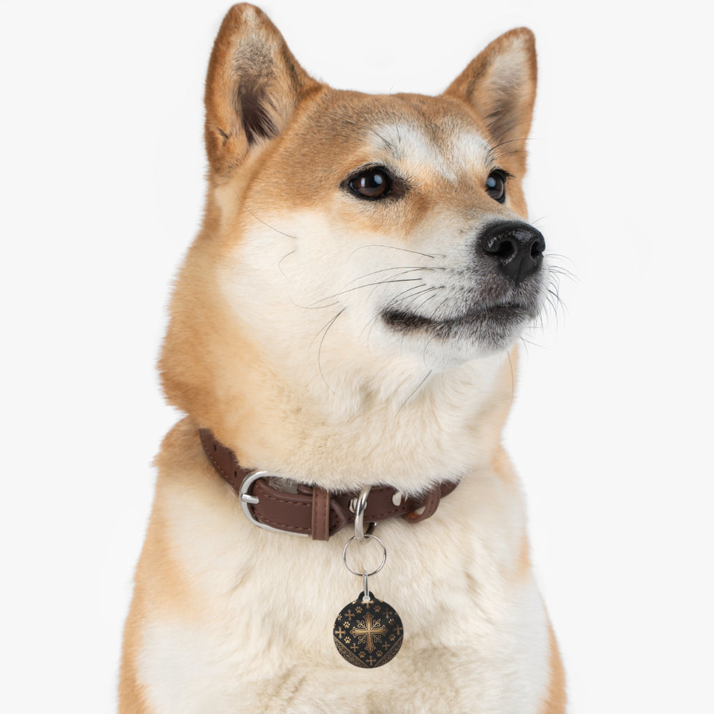 Personalizable Black with Gold Cross Paw Print Pet Tag on a faux leather collar — Christian Dog & Cat ID Charm