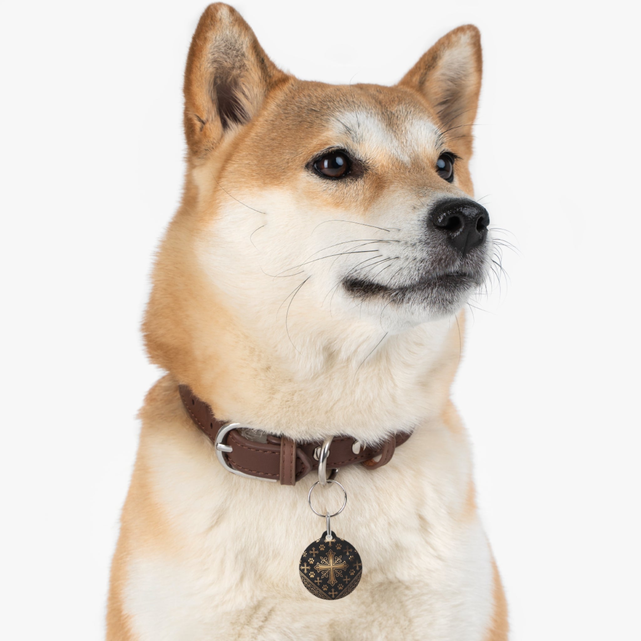 Personalizable Black with Gold Cross Paw Print Pet Tag on a faux leather collar — Christian Dog & Cat ID Charm