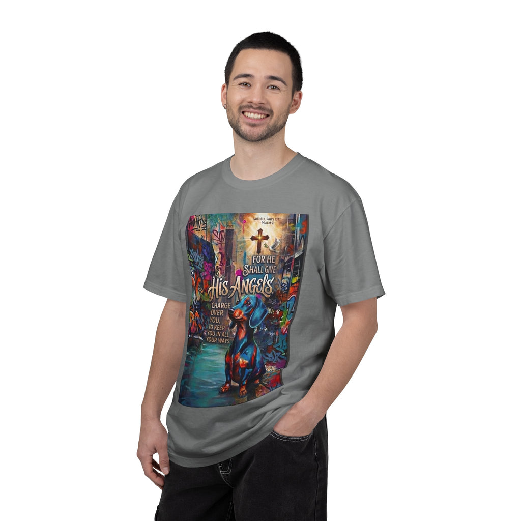Unisex Christian Dog Grafitti T‑Shirt — "For He Shall Give His Angels Charge Over You" Inspirational Paw Print Tee