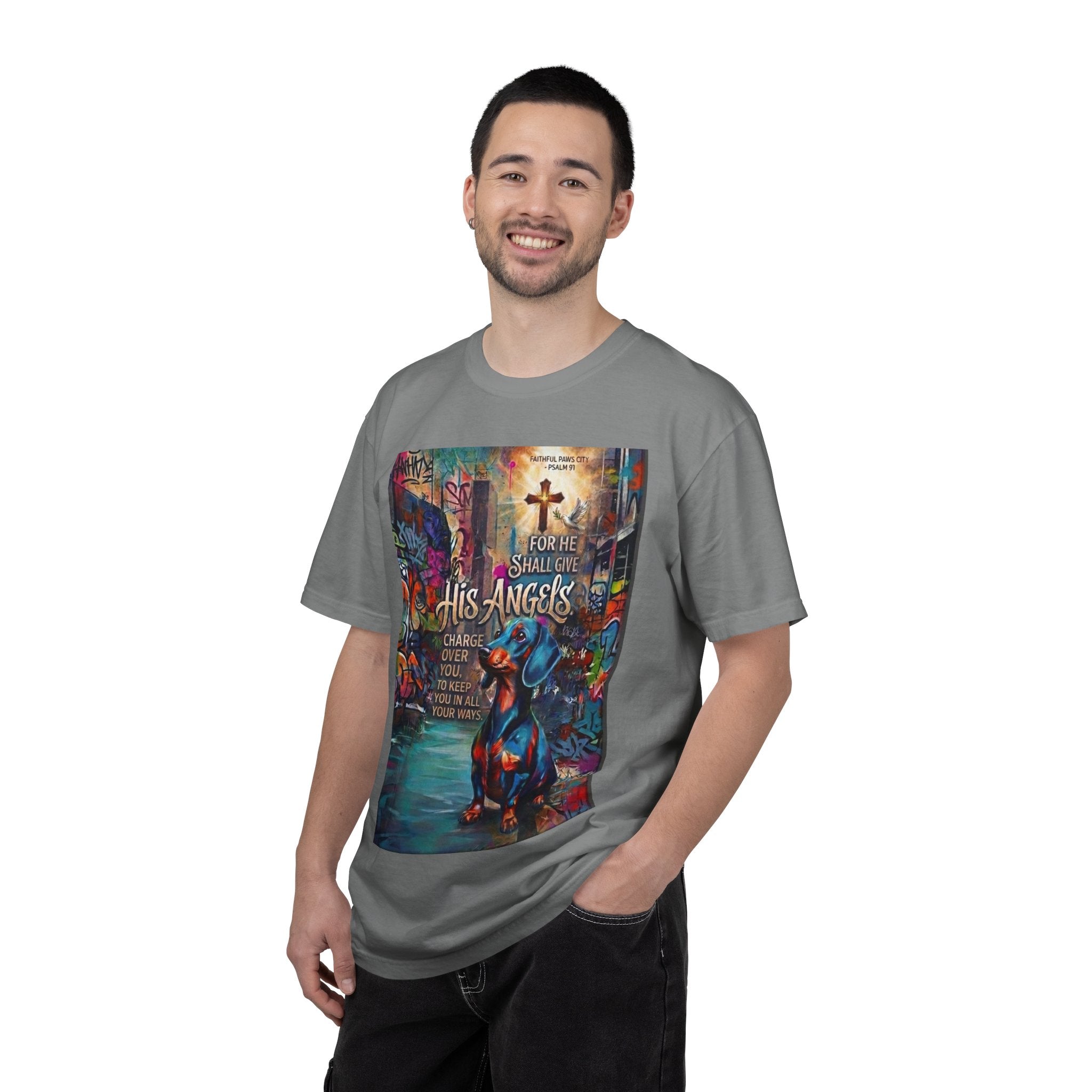 Unisex Christian Dog Grafitti T‑Shirt — "For He Shall Give His Angels Charge Over You" Inspirational Paw Print Tee