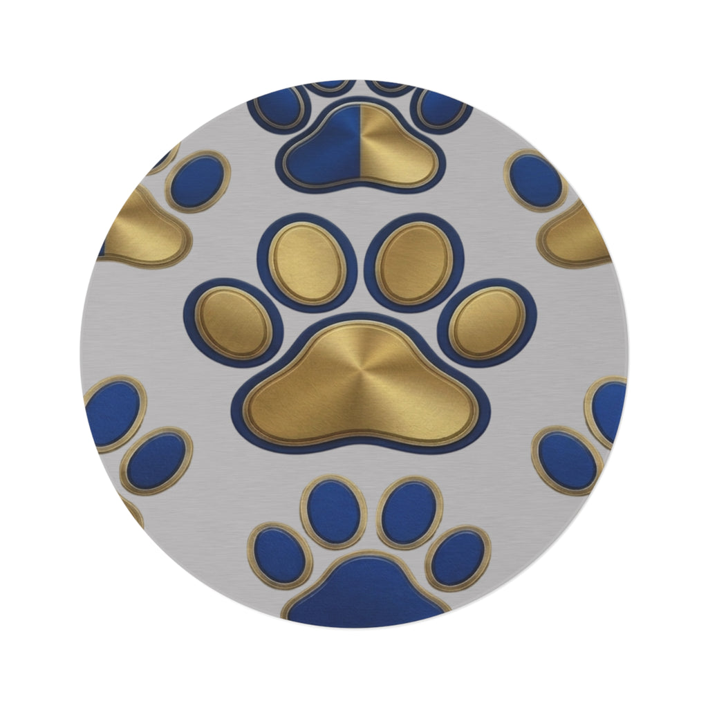 Round Pet Paw Rug — Blue & Gold Decorative Floor Mat