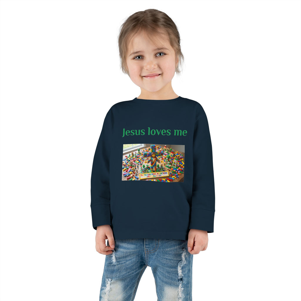 Toddler Long Sleeve Tee — "Jesus Loves Me" print with Colorful Legos Jesus on the cross - Sizes 2T - 6T