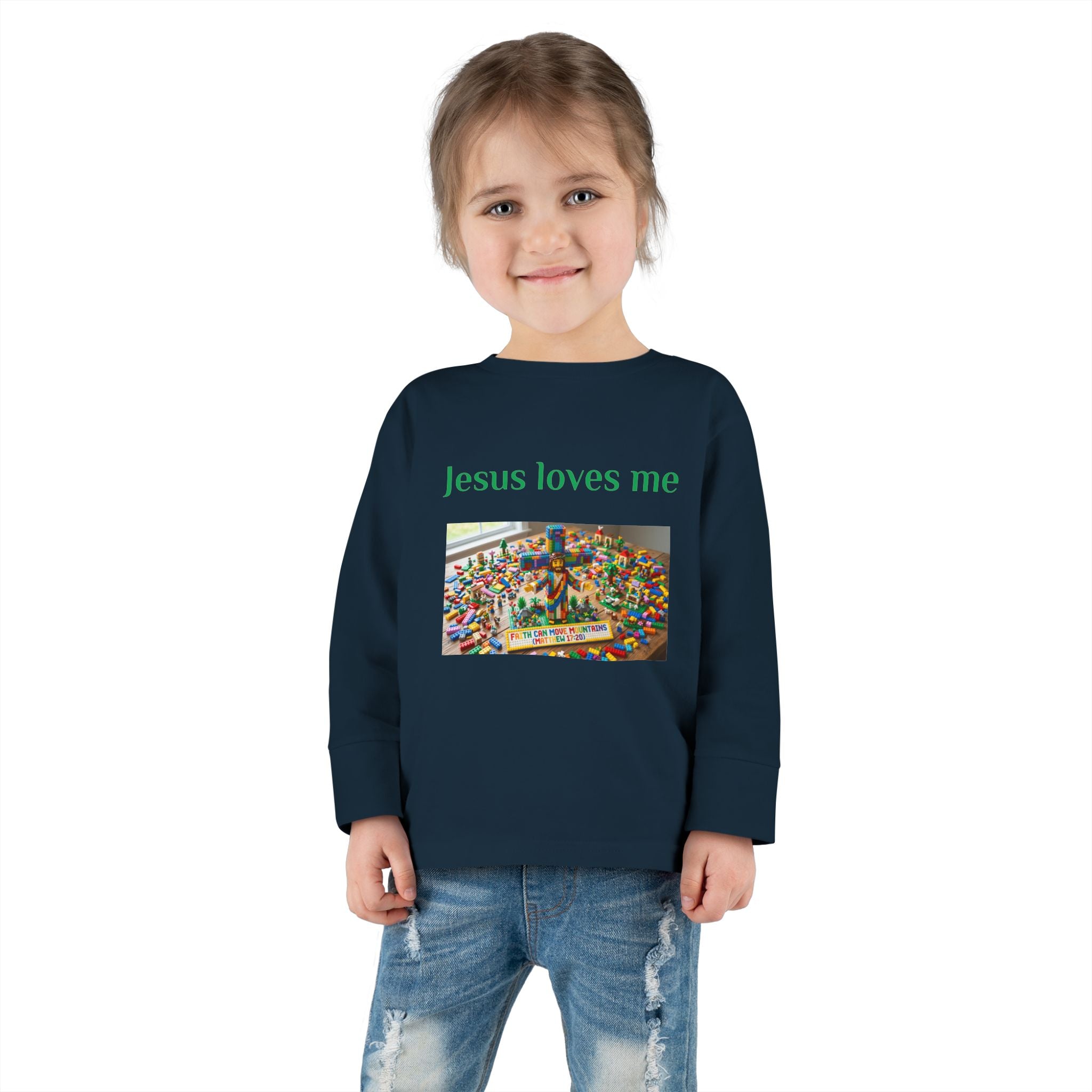 Toddler Long Sleeve Tee — "Jesus Loves Me" print with Colorful Legos Jesus on the cross - Sizes 2T - 6T