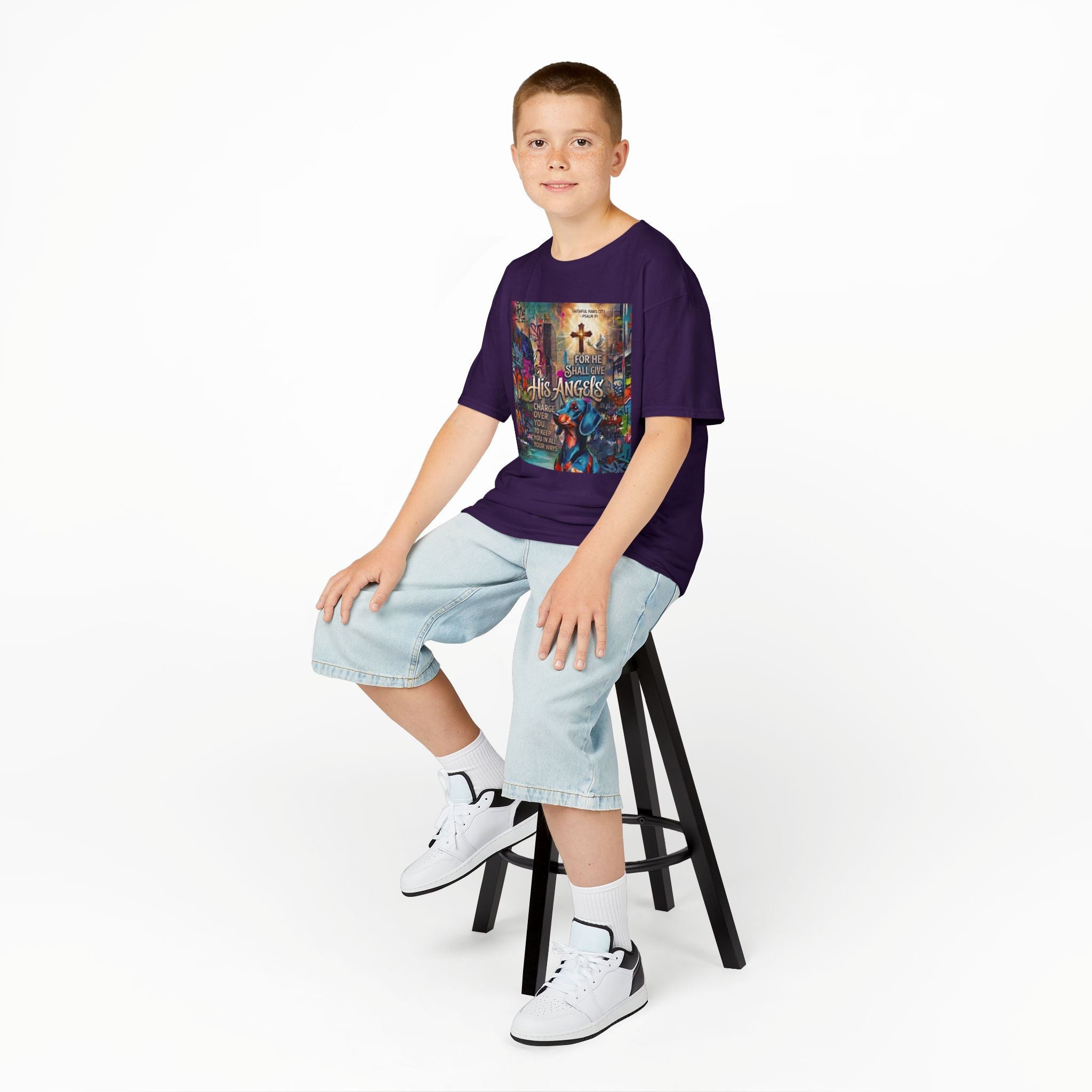 Kids Grafitti Dachshund T-Shirt — "Faithful Paws City" Colorful Angels & Paw Print Graphic Tee