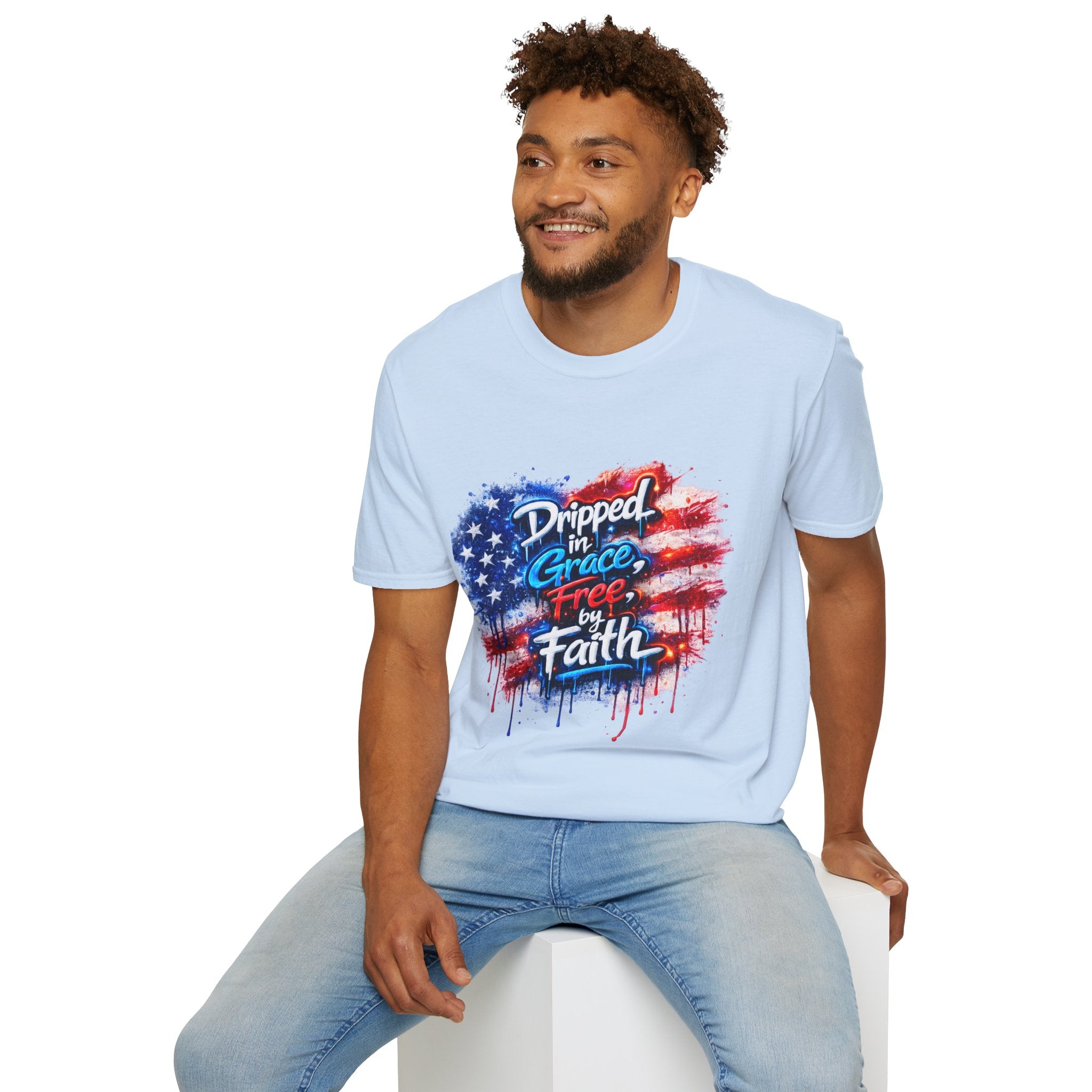 T-Shirt — "Dripped in Grace, Free in Faith" American Flag Christian Graphic Tee - 4th of July