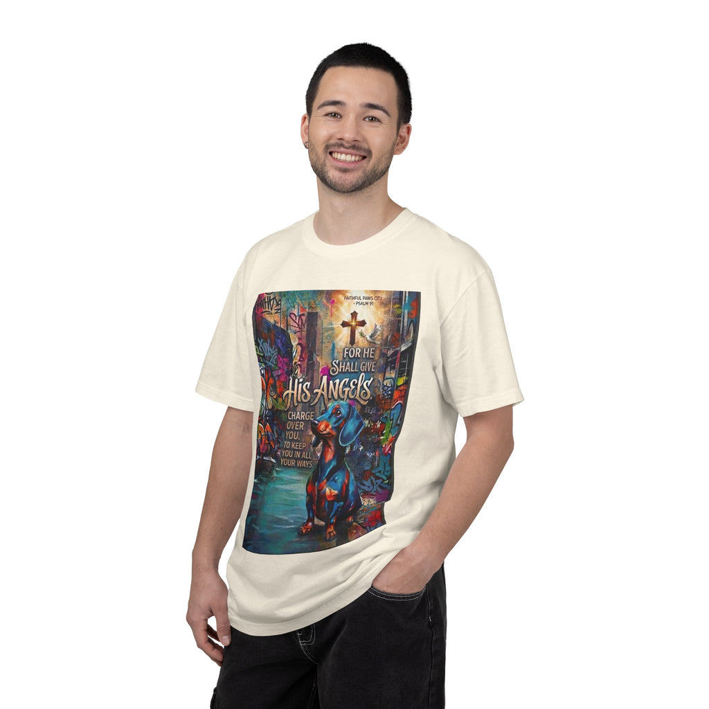 Unisex Christian Dog Grafitti T‑Shirt — "For He Shall Give His Angels Charge Over You" Inspirational Paw Print Tee