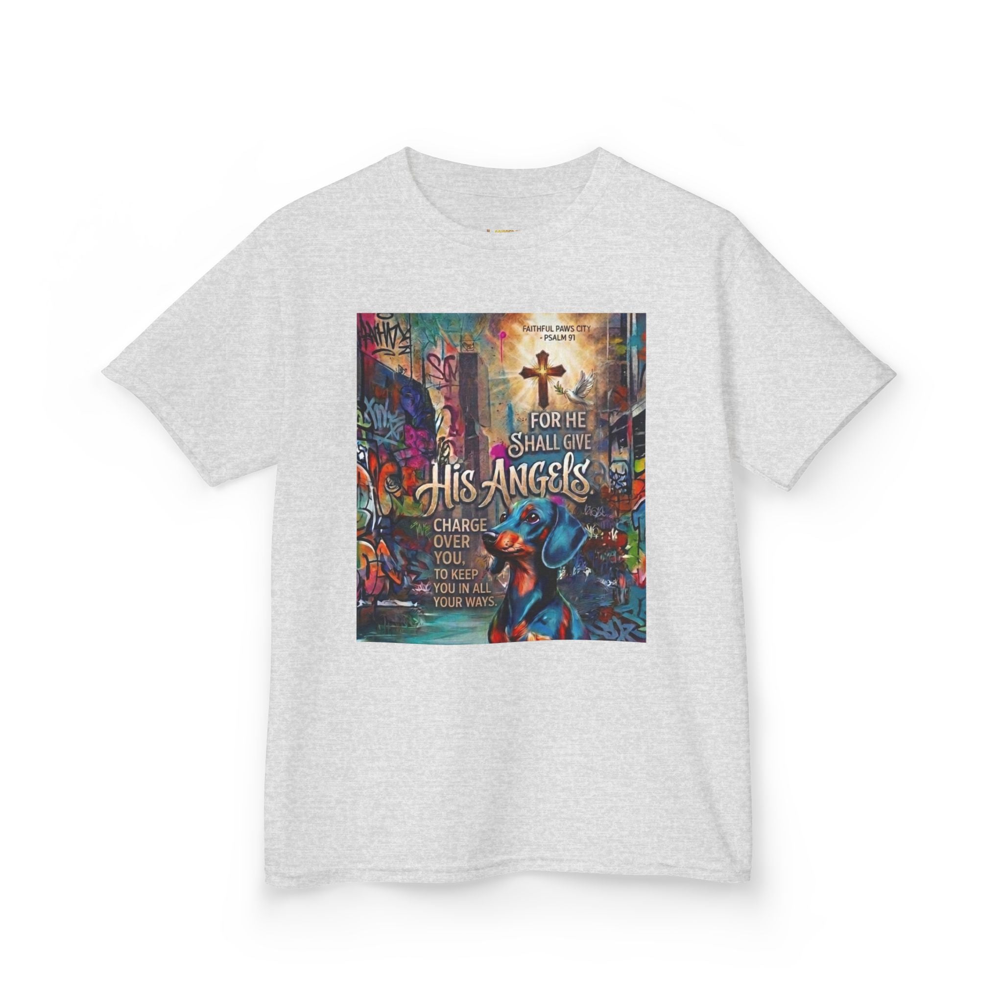 Kids Grafitti Dachshund T-Shirt — "Faithful Paws City" Colorful Angels & Paw Print Graphic Tee