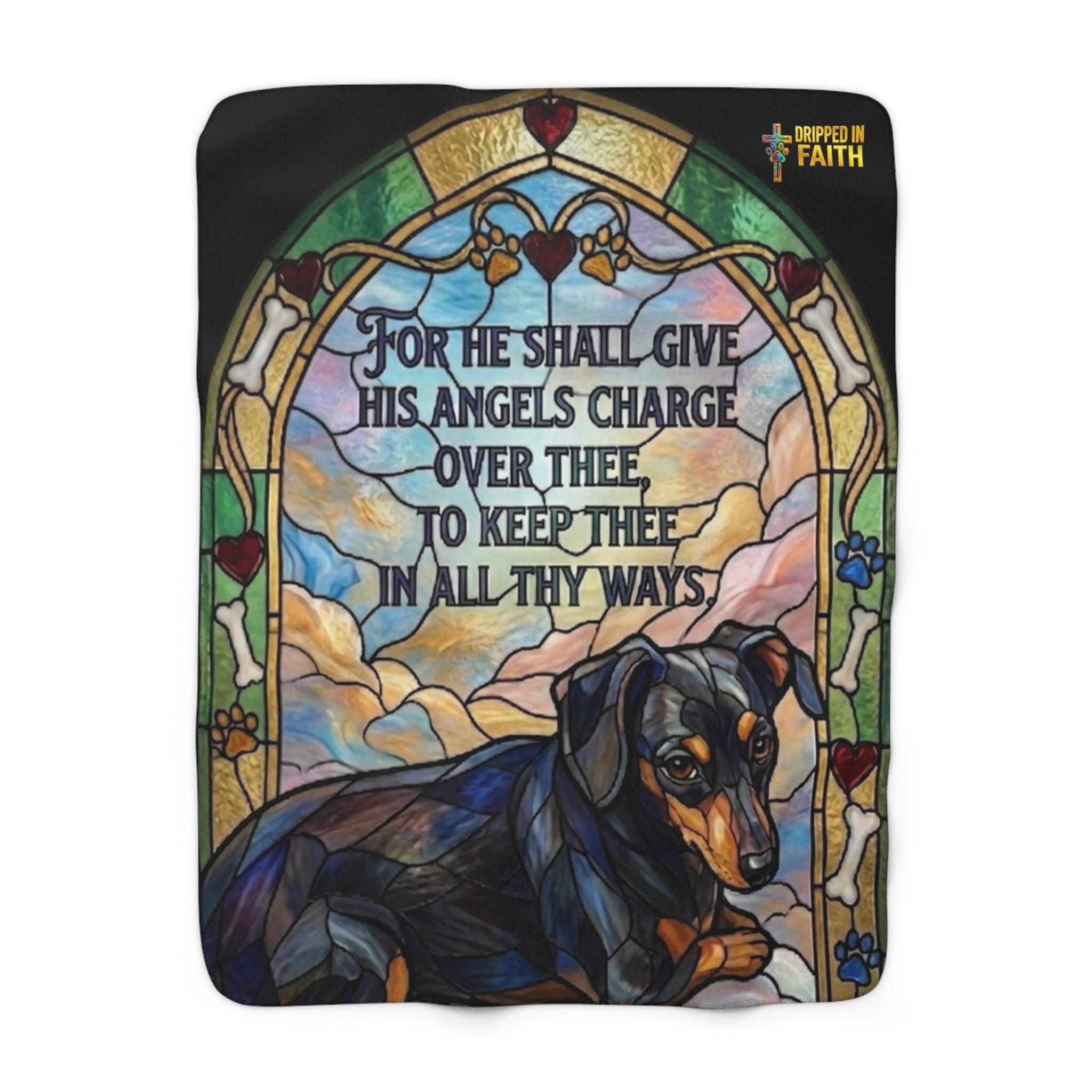 Dachshund Guardian Angel Sherpa Blanket — 'For He Shall Give His Angels Charge' Stained Glass Throw