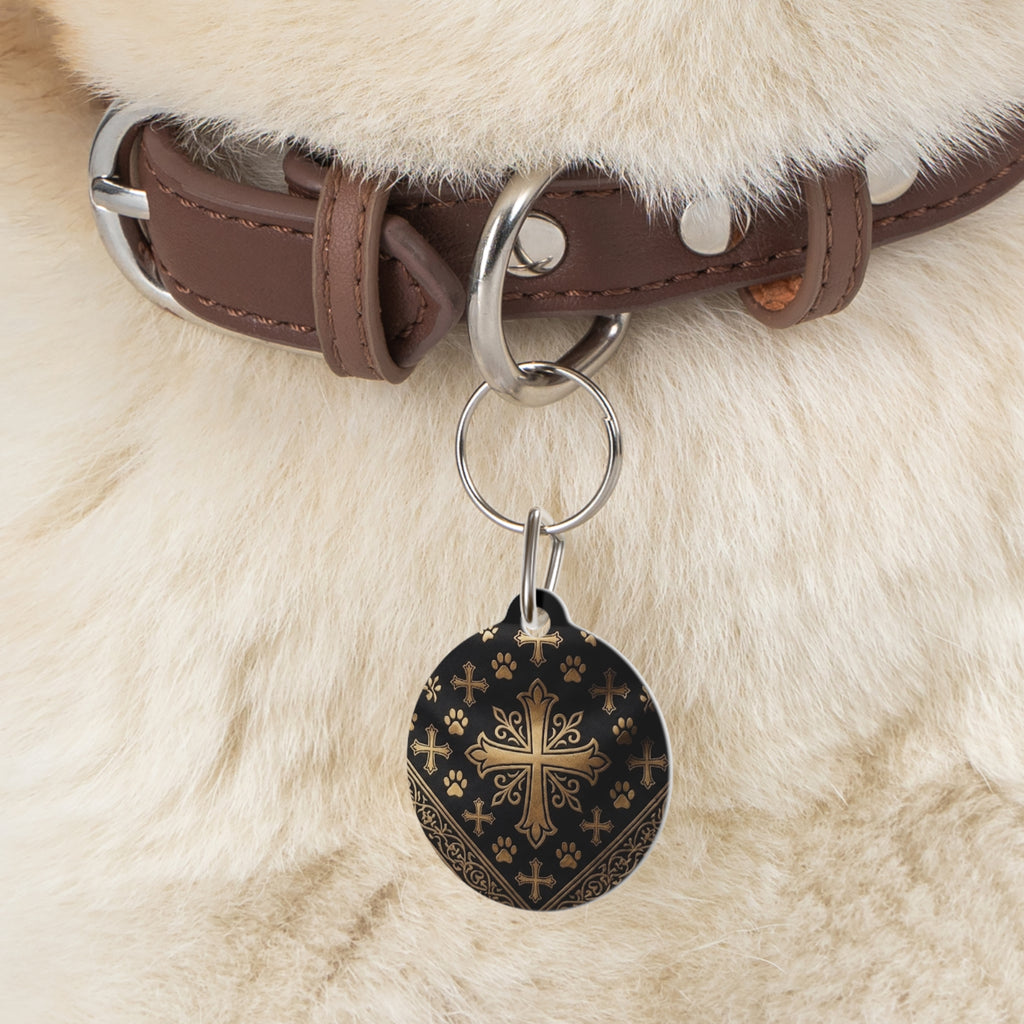 Personalizable Black with Gold Cross Paw Print Pet Tag on a faux leather collar — Christian Dog & Cat ID Charm