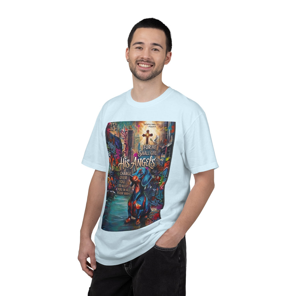 Unisex Christian Dog Grafitti T‑Shirt — "For He Shall Give His Angels Charge Over You" Inspirational Paw Print Tee