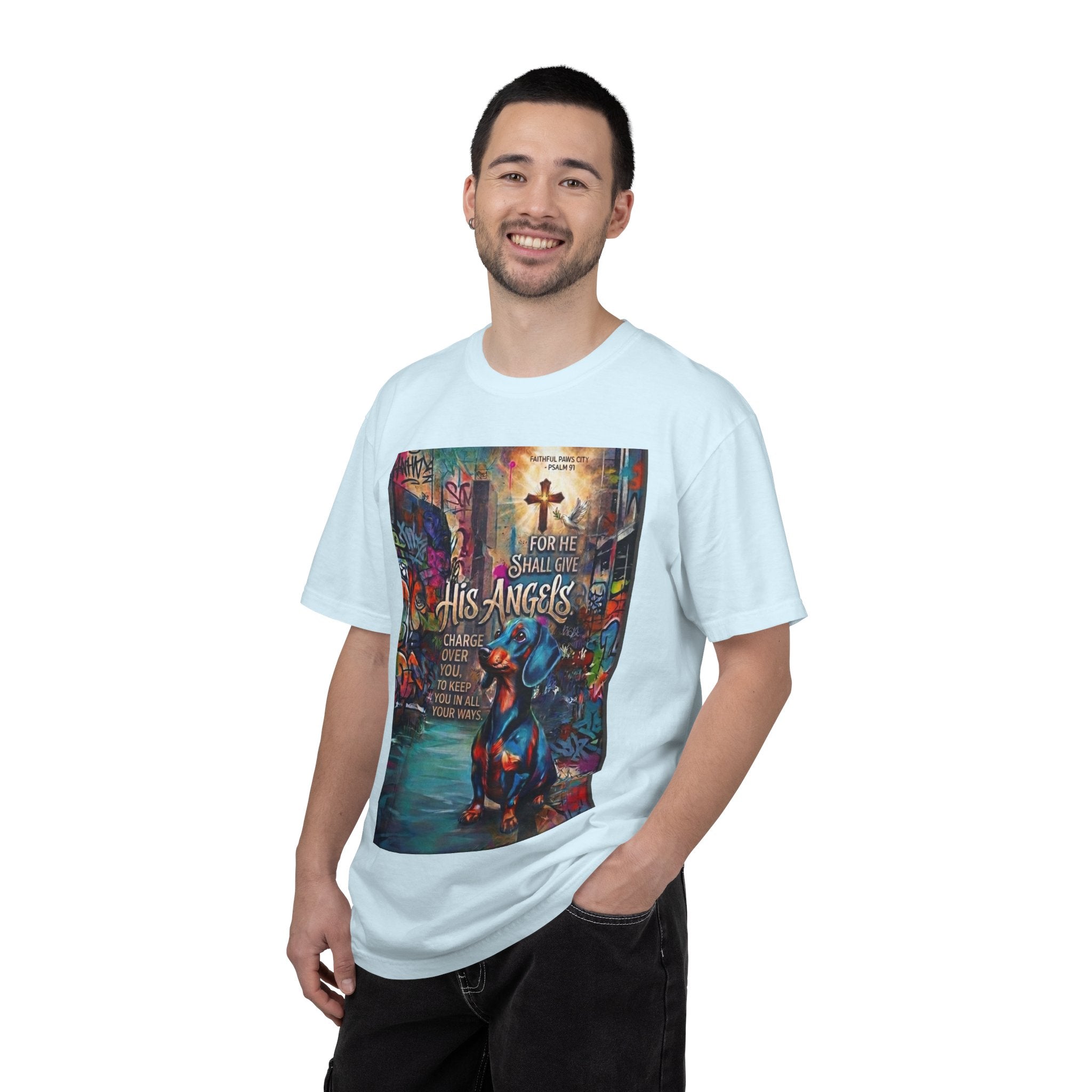 Unisex Christian Dog Grafitti T‑Shirt — "For He Shall Give His Angels Charge Over You" Inspirational Paw Print Tee
