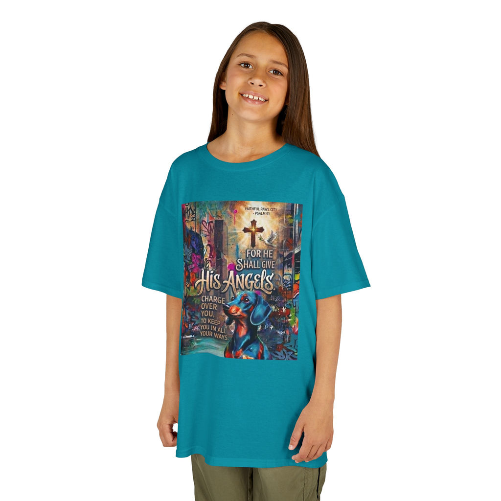 Kids Grafitti Dachshund T-Shirt — "Faithful Paws City" Colorful Angels & Paw Print Graphic Tee