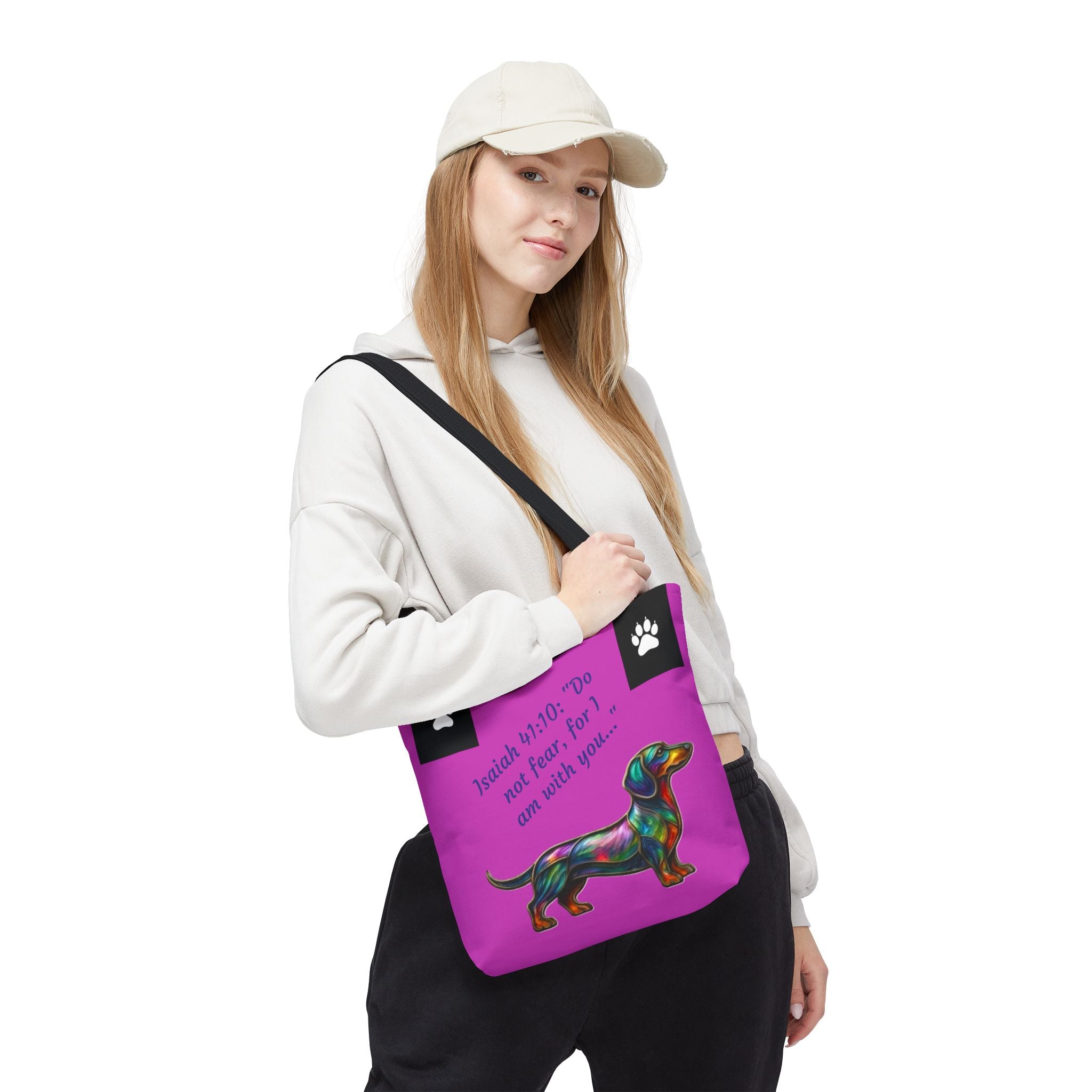 Faithful Paws City Dachshund Tote — Isaiah 41:10 Inspirational Dog Lover Bag