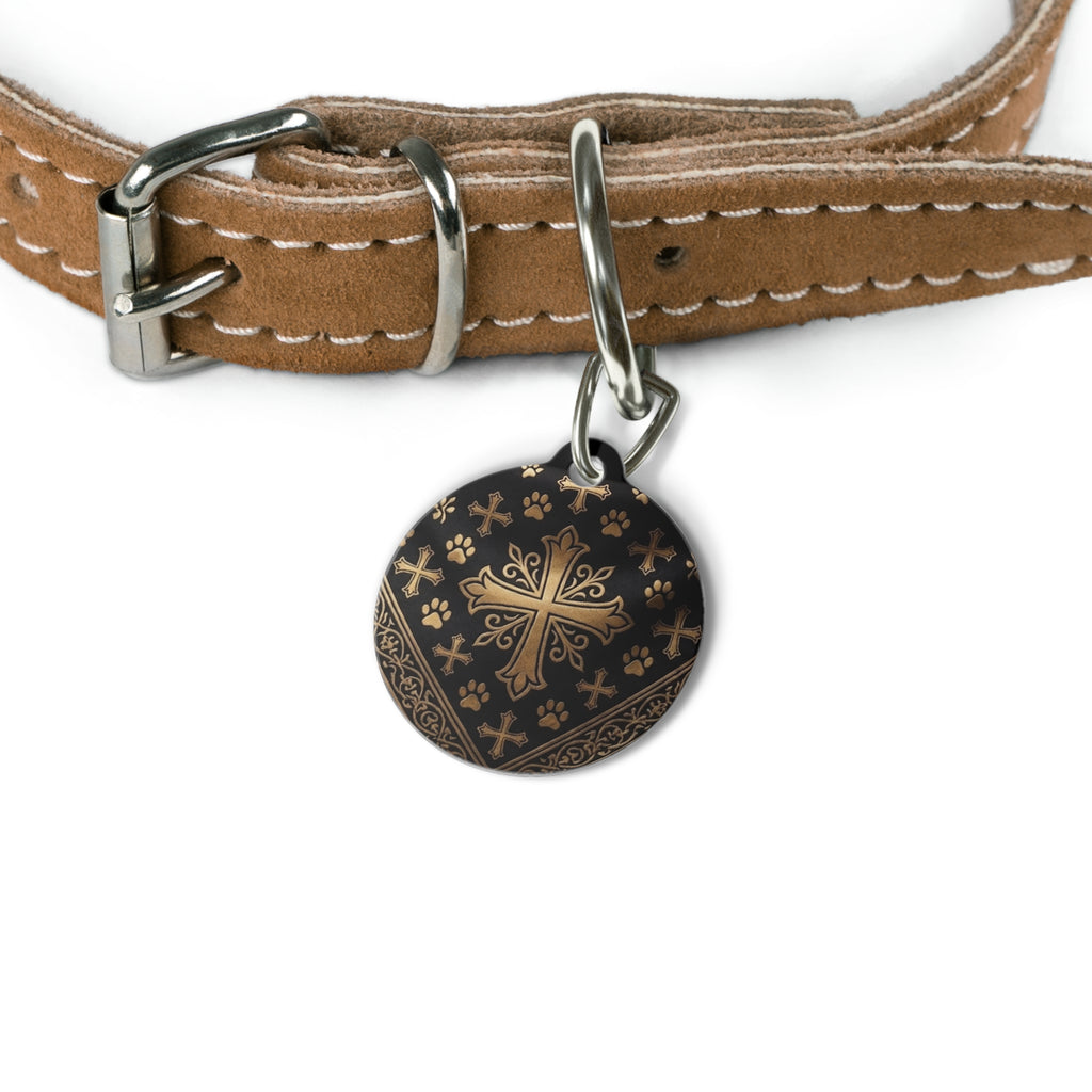 Personalizable Black with Gold Cross Paw Print Pet Tag on a faux leather collar — Christian Dog & Cat ID Charm