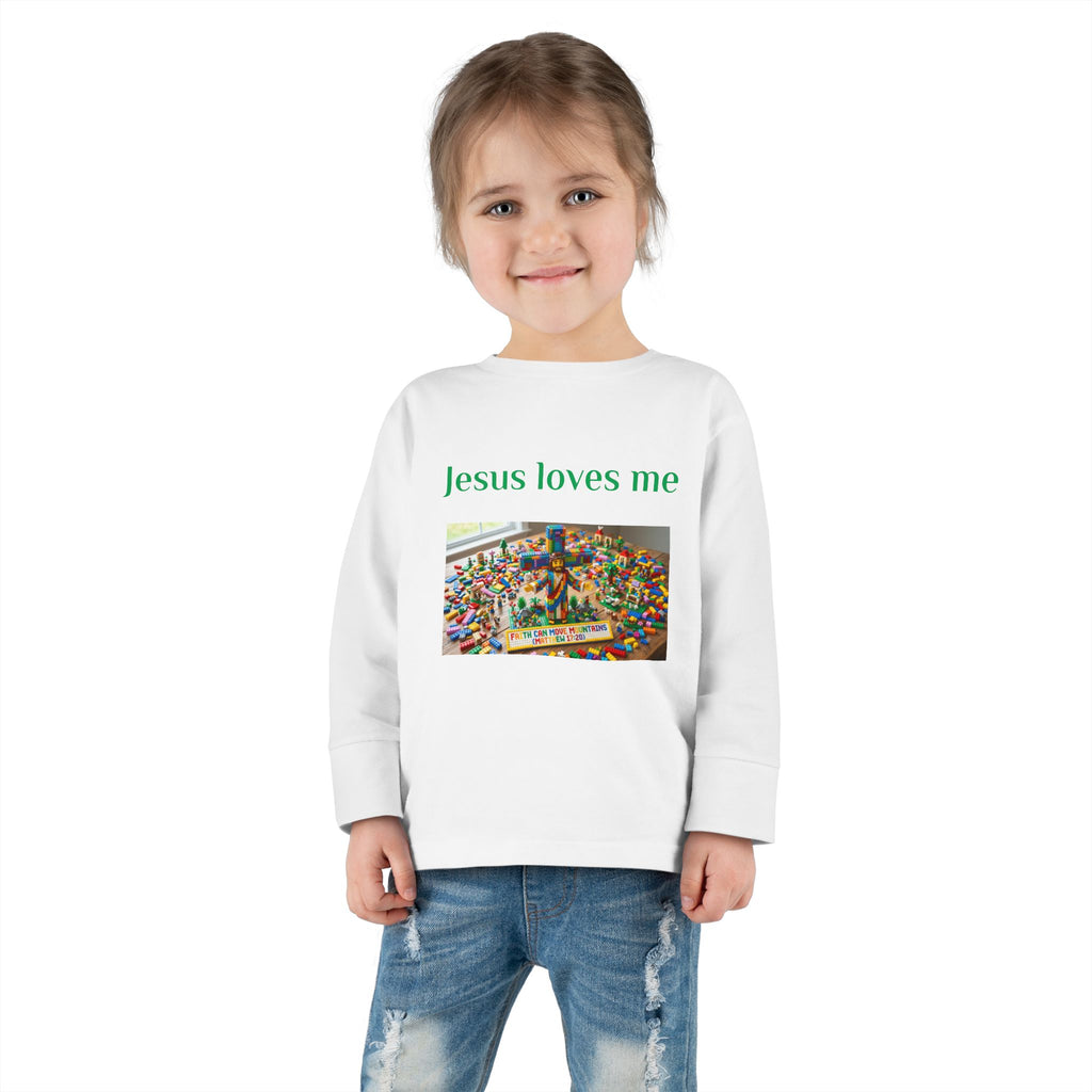 Toddler Long Sleeve Tee — "Jesus Loves Me" print with Colorful Legos Jesus on the cross - Sizes 2T - 6T