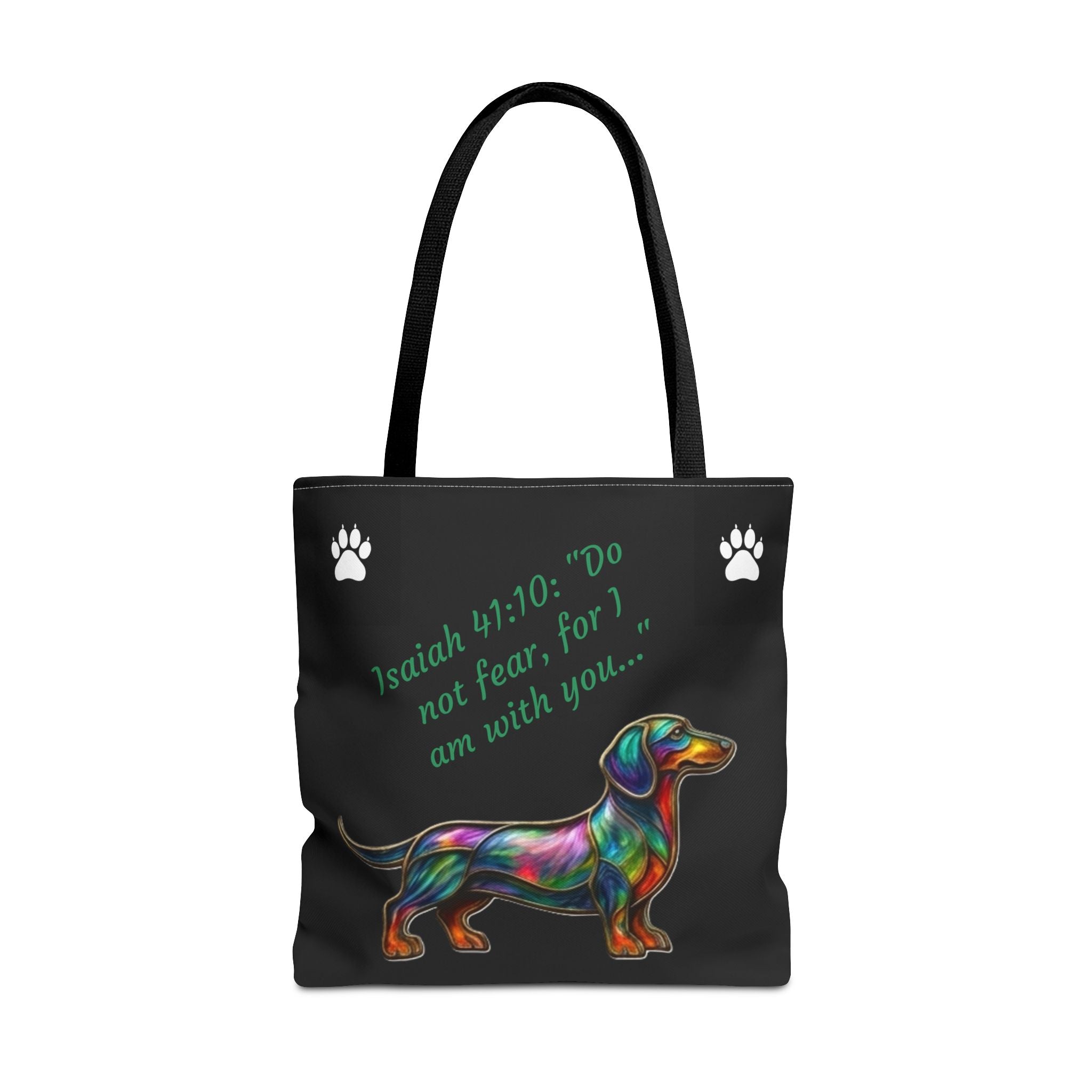 Faithful Paws City Dachshund Tote — Isaiah 41:10 Inspirational Dog Lover Bag