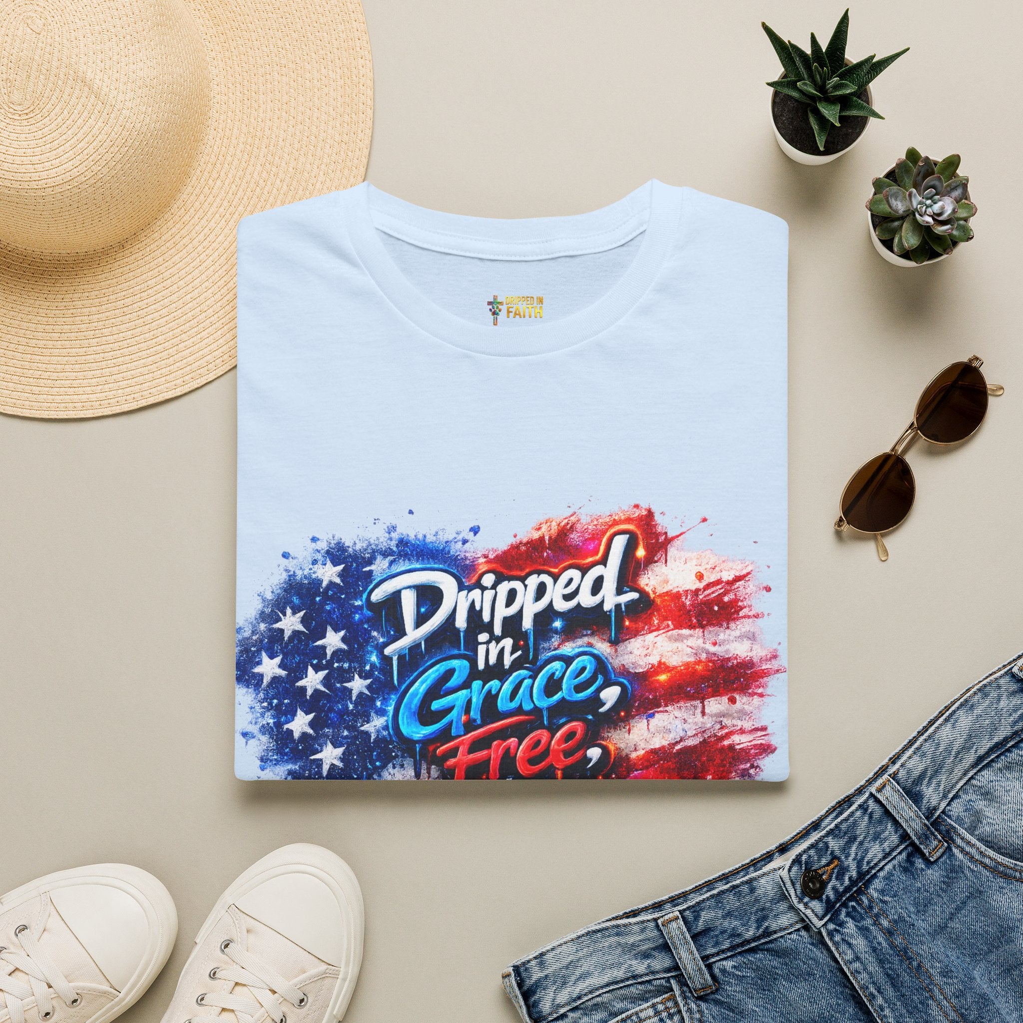 T-Shirt — "Dripped in Grace, Free in Faith" American Flag Christian Graphic Tee - 4th of July