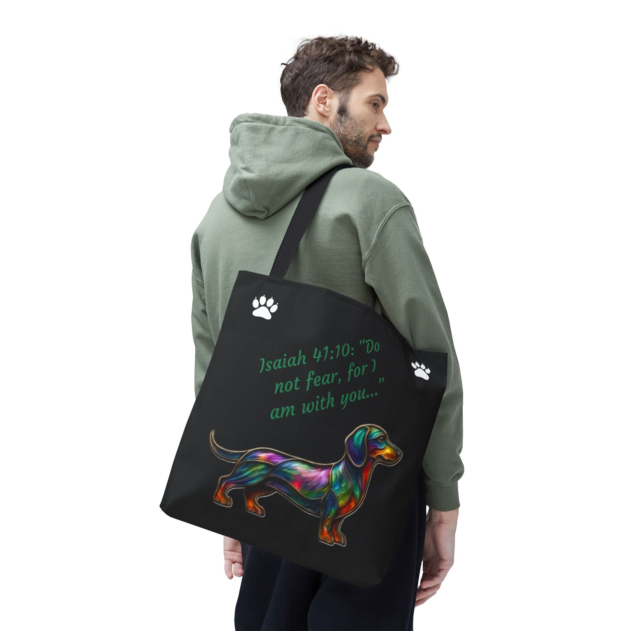 Faithful Paws City Dachshund Tote — Isaiah 41:10 Inspirational Dog Lover Bag