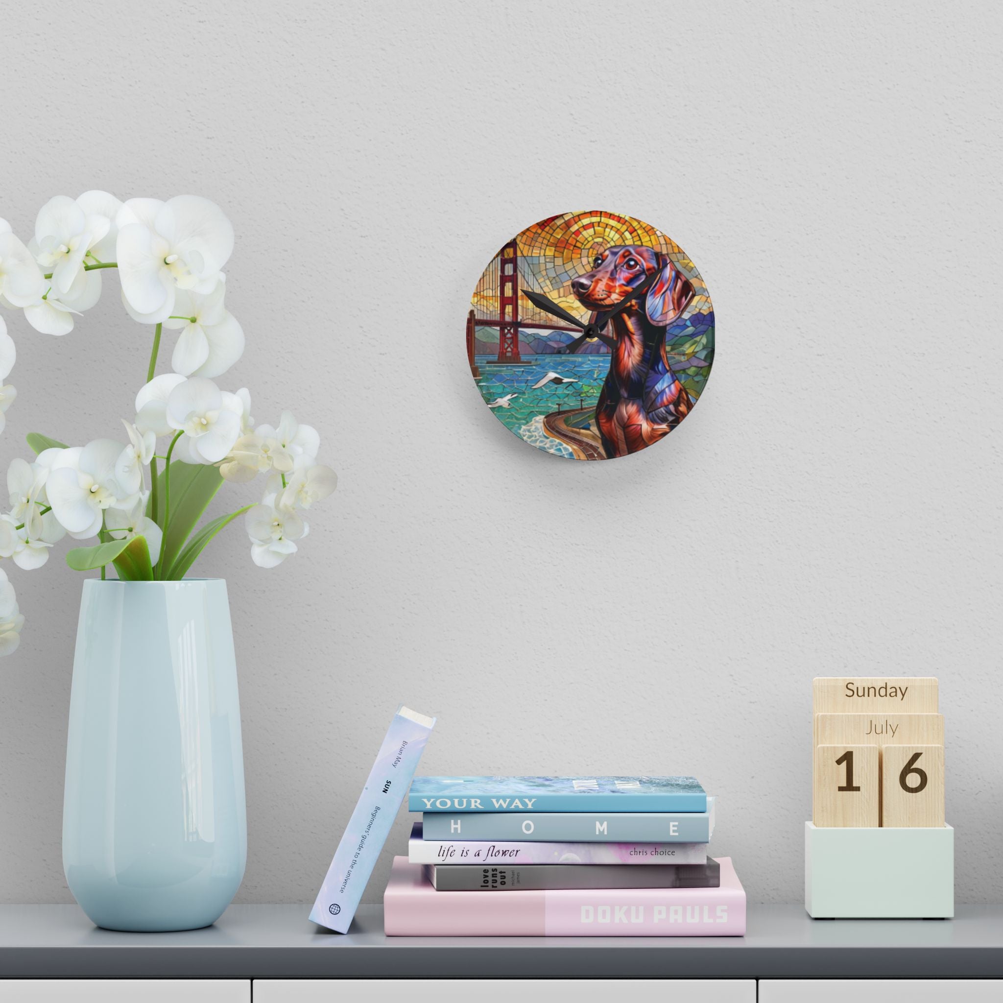 Dachshund San Francisco Acrylic Wall Clock — Colorful Mosaic Dog Art
