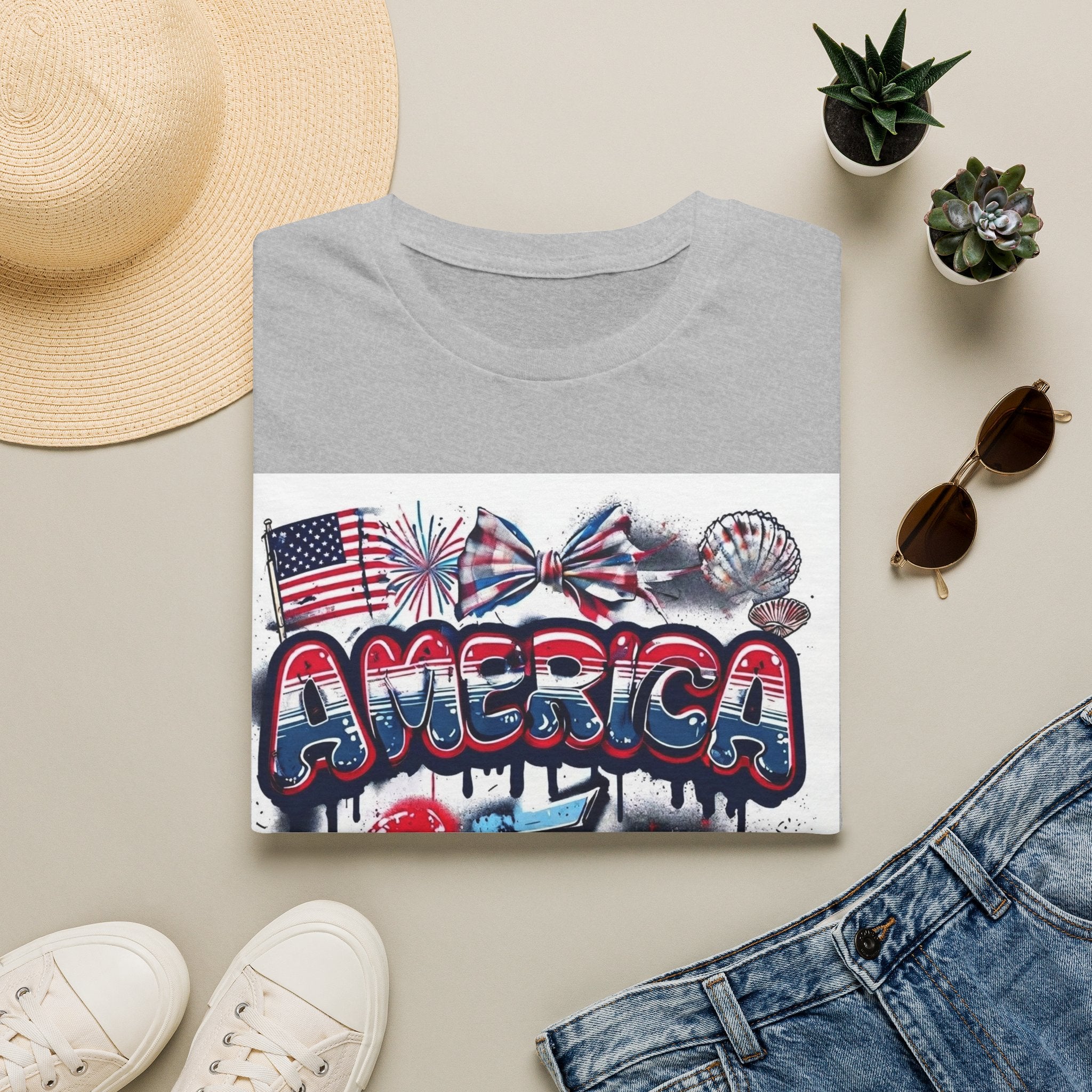 America 4th of July Graphic Tee — Patriotic USA Flag & Fireworks Design