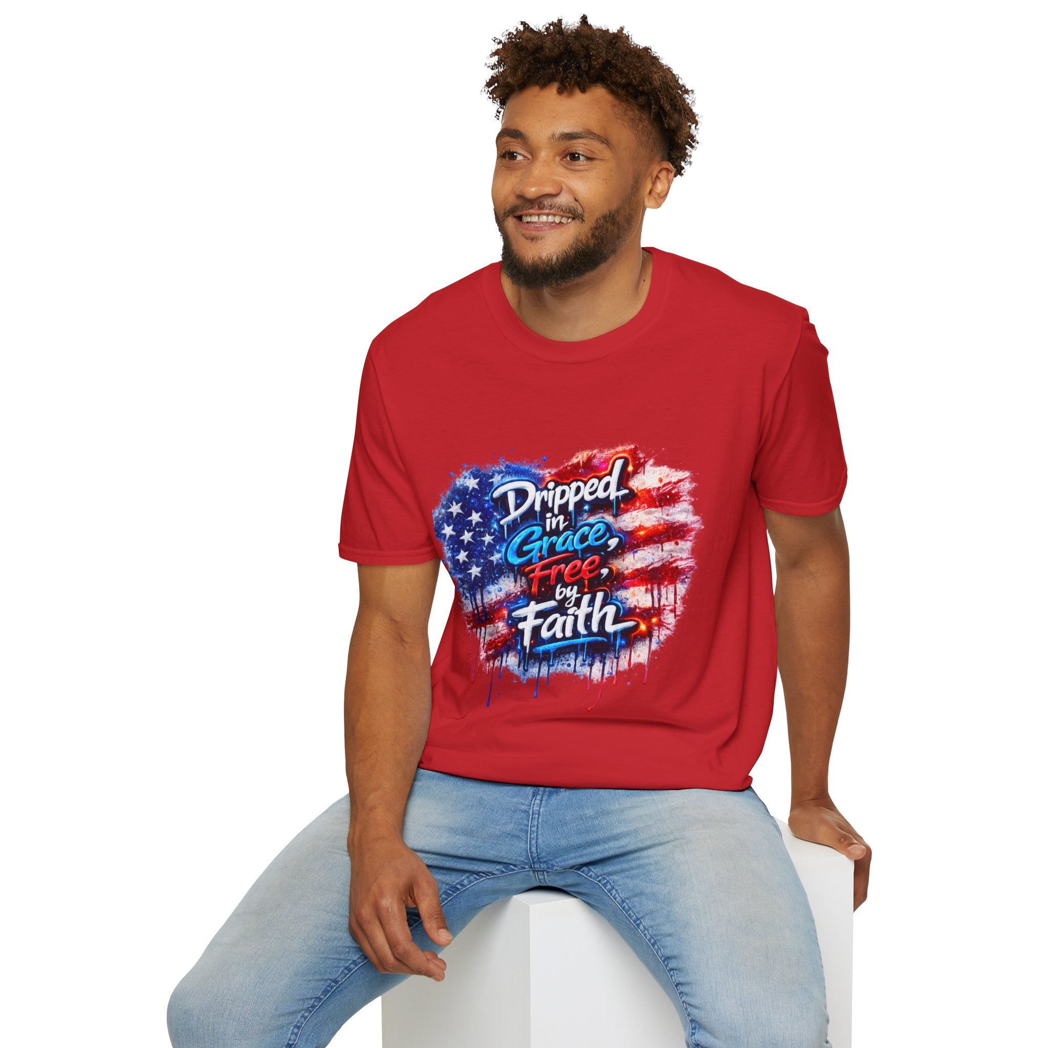 T-Shirt — "Dripped in Grace, Free in Faith" American Flag Christian Graphic Tee - 4th of July