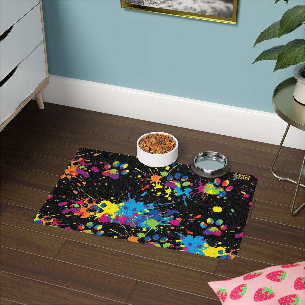 Colorful Paw Print Splash Pet Food Mat (12x18)