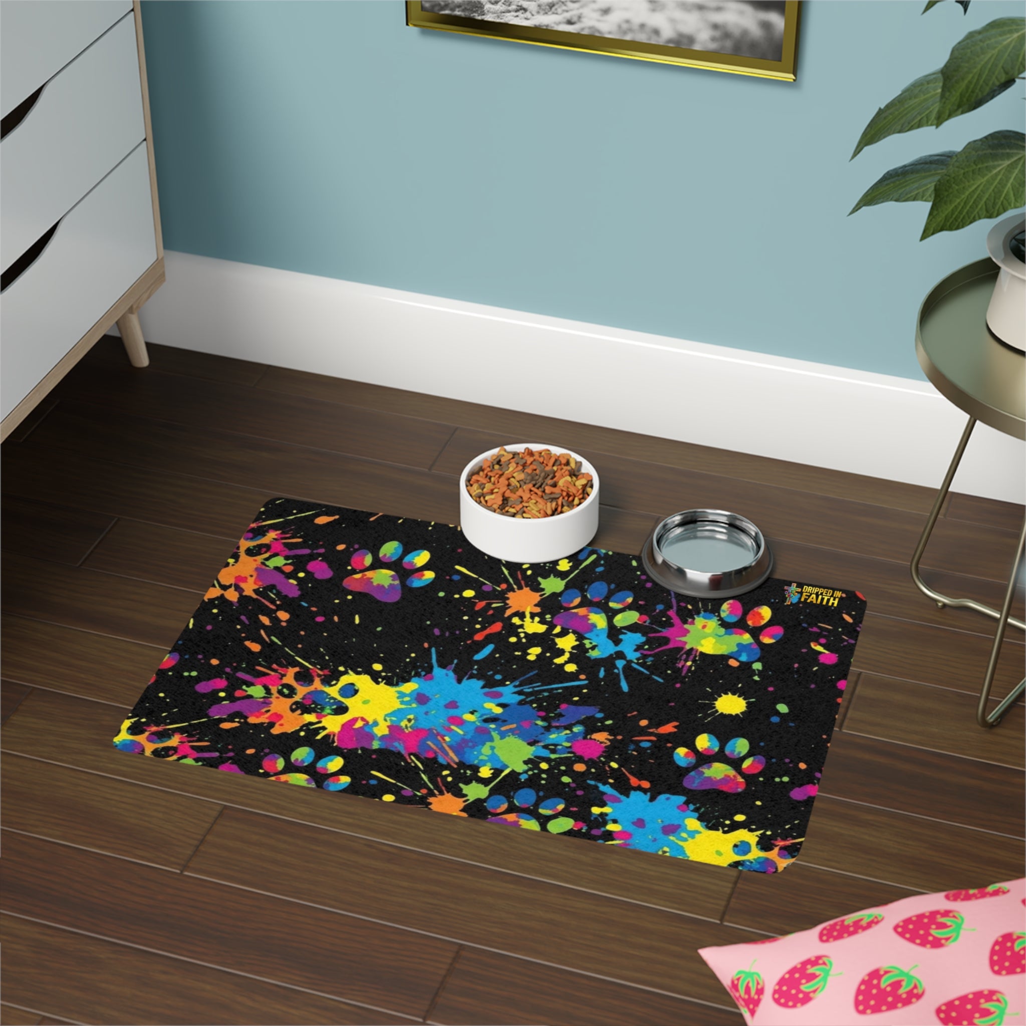 Colorful Paw Print Splash Pet Food Mat (12x18)