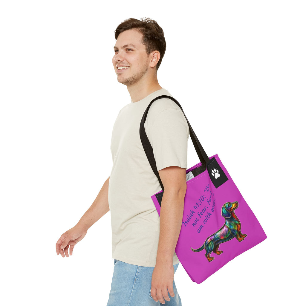 Faithful Paws City Dachshund Tote — Isaiah 41:10 Inspirational Dog Lover Bag