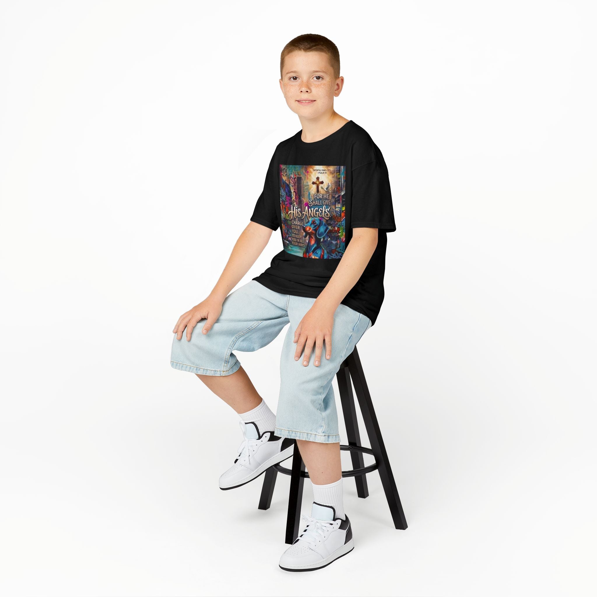 Kids Grafitti Dachshund T-Shirt — "Faithful Paws City" Colorful Angels & Paw Print Graphic Tee