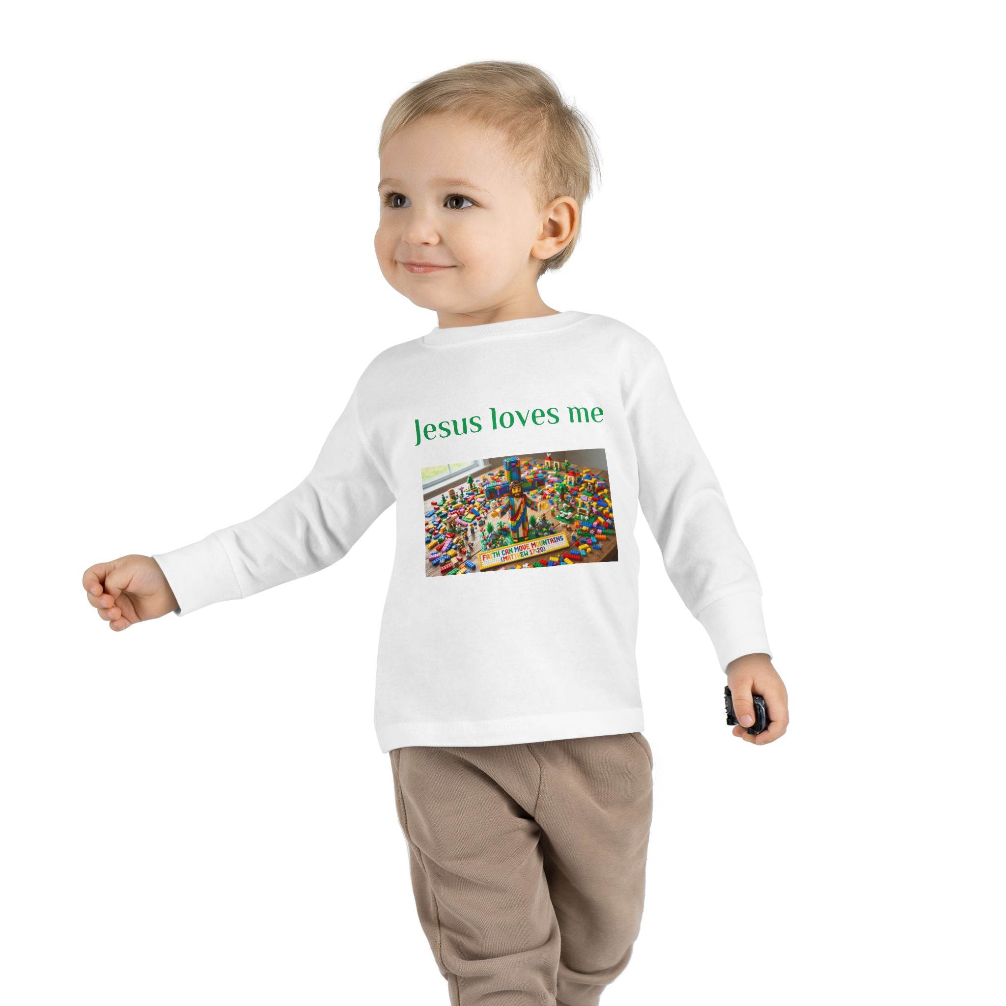Toddler Long Sleeve Tee — "Jesus Loves Me" print with Colorful Legos Jesus on the cross - Sizes 2T - 6T