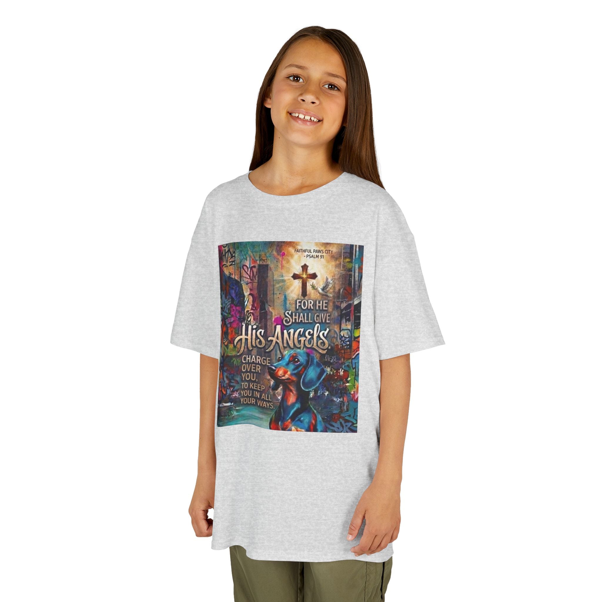 Kids Grafitti Dachshund T-Shirt — "Faithful Paws City" Colorful Angels & Paw Print Graphic Tee