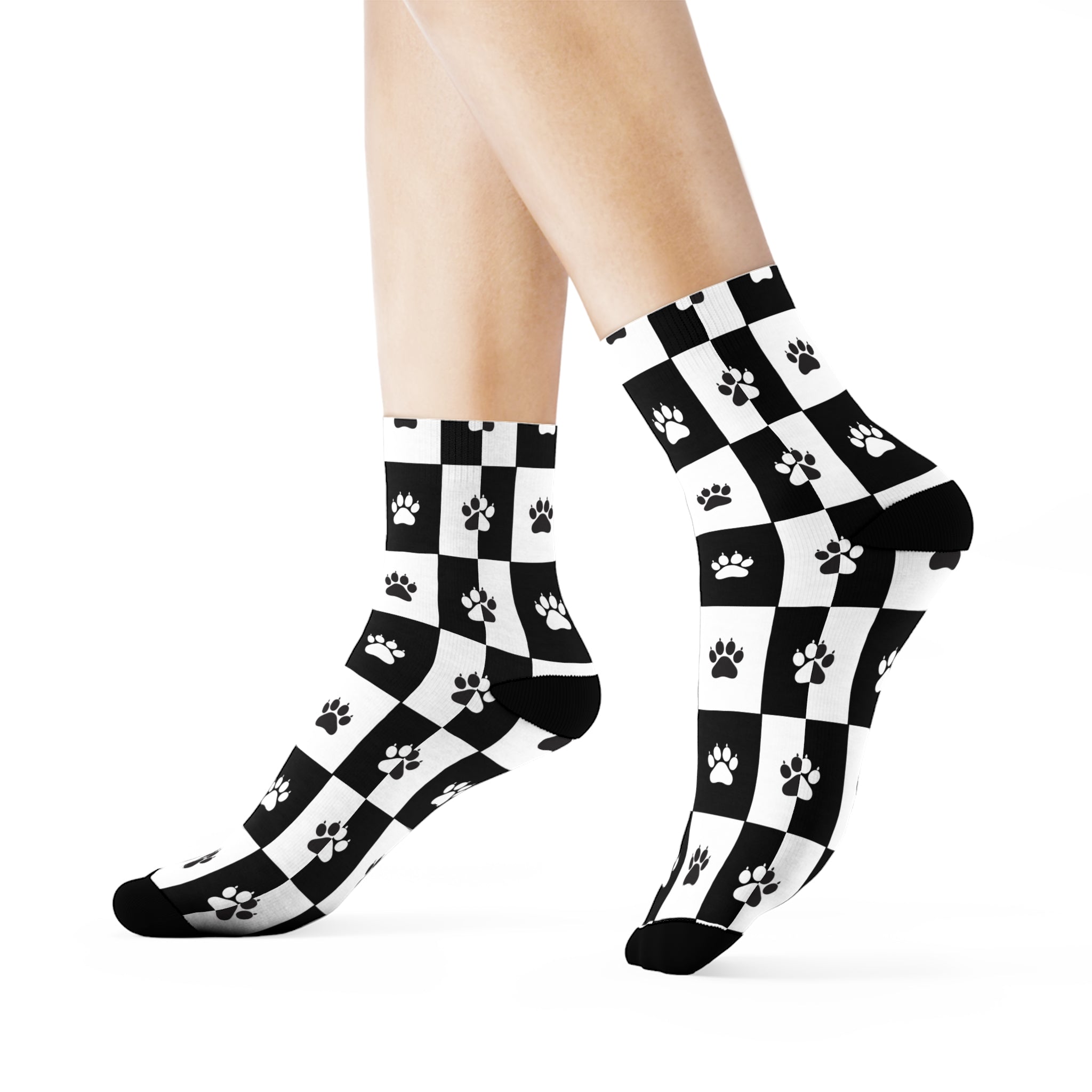 Black & White Paw Print Checkerboard Crew Socks