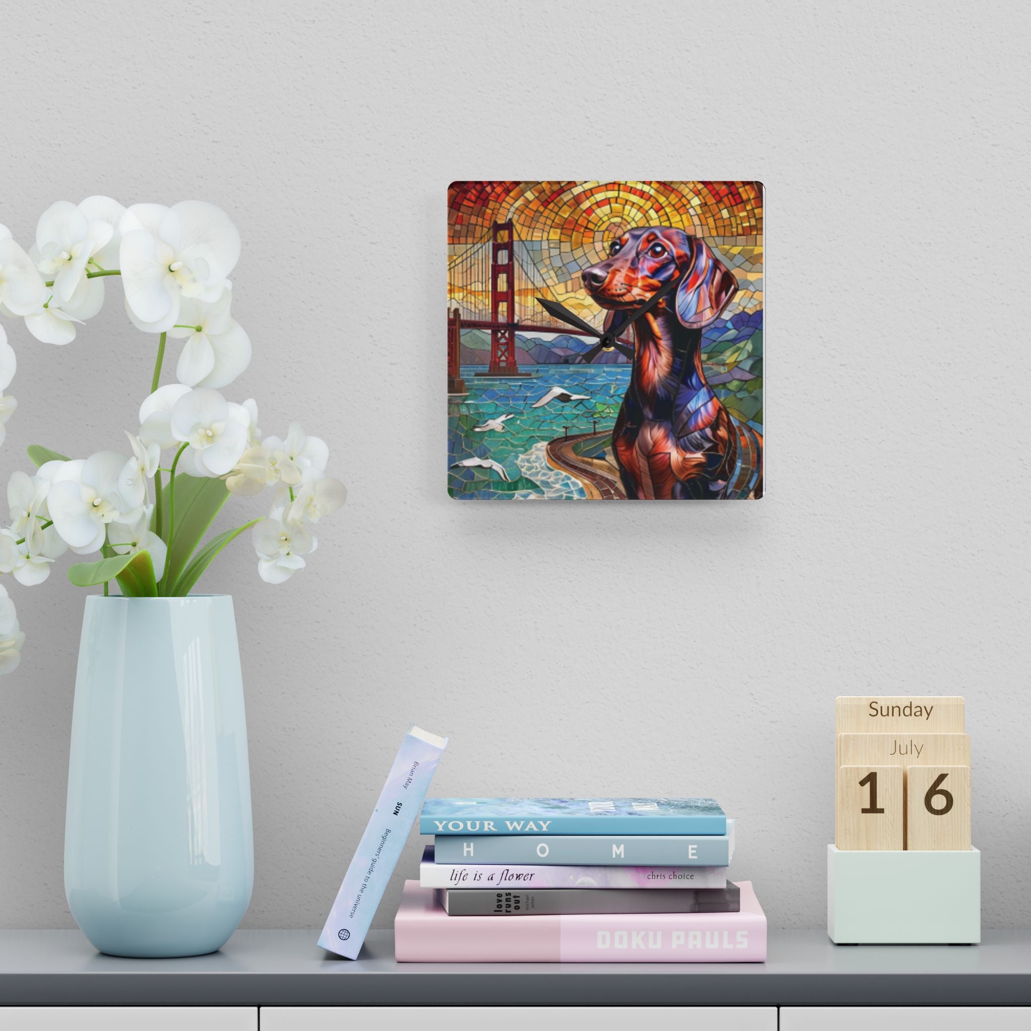 Dachshund San Francisco Acrylic Wall Clock — Colorful Mosaic Dog Art