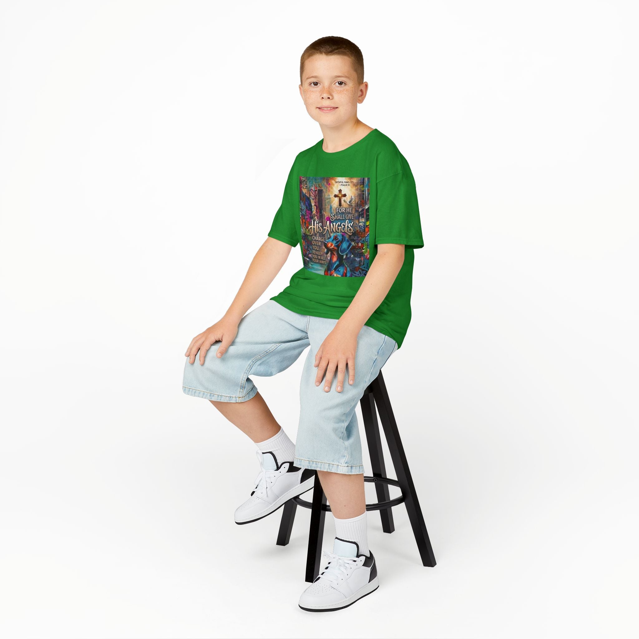 Kids Grafitti Dachshund T-Shirt — "Faithful Paws City" Colorful Angels & Paw Print Graphic Tee