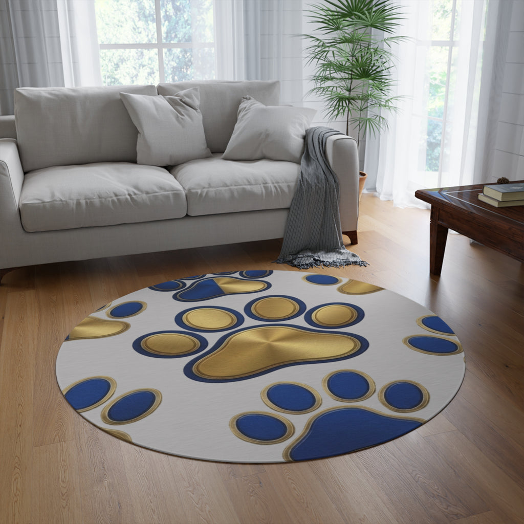 Round Pet Paw Rug — Blue & Gold Decorative Floor Mat