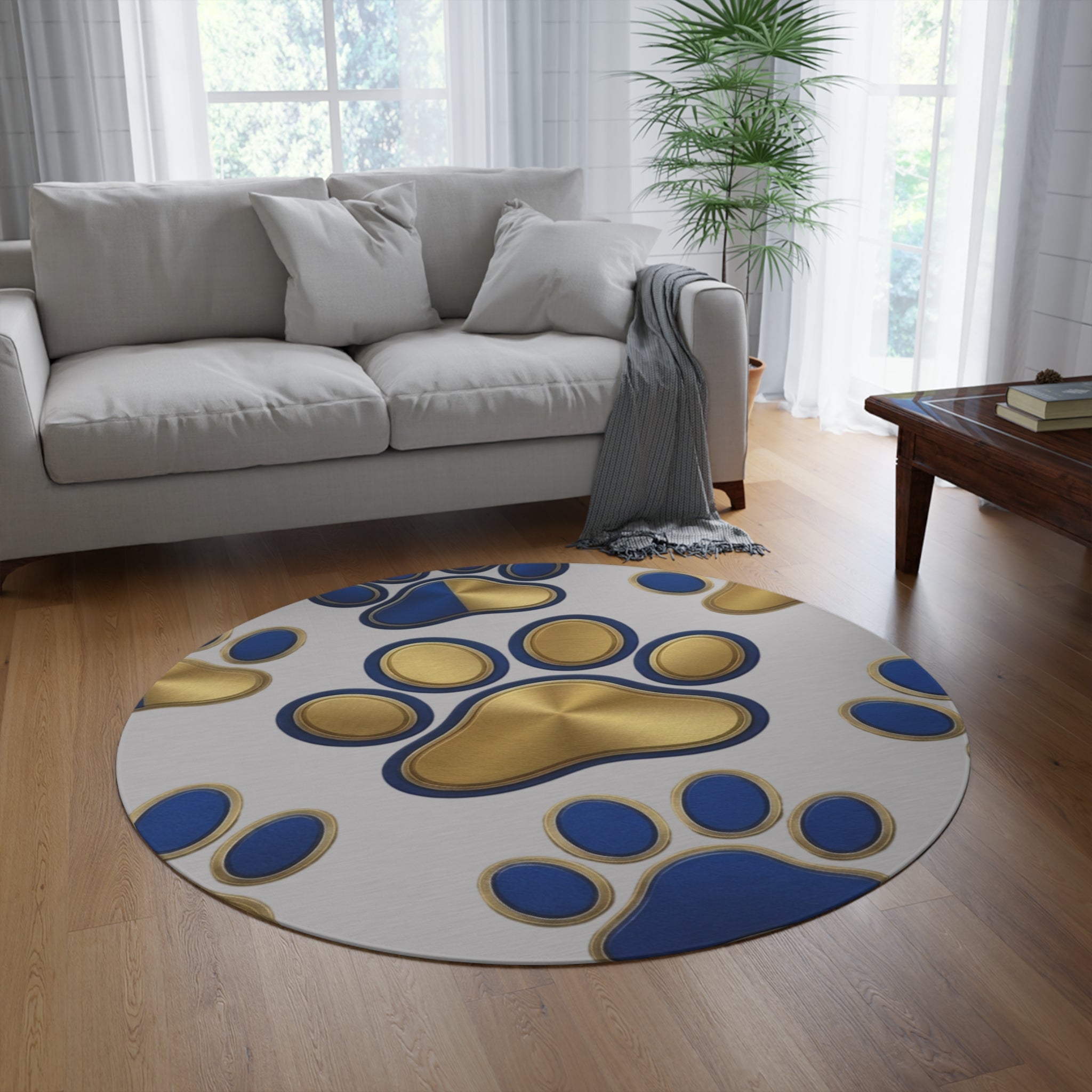 Round Pet Paw Rug — Blue & Gold Decorative Floor Mat