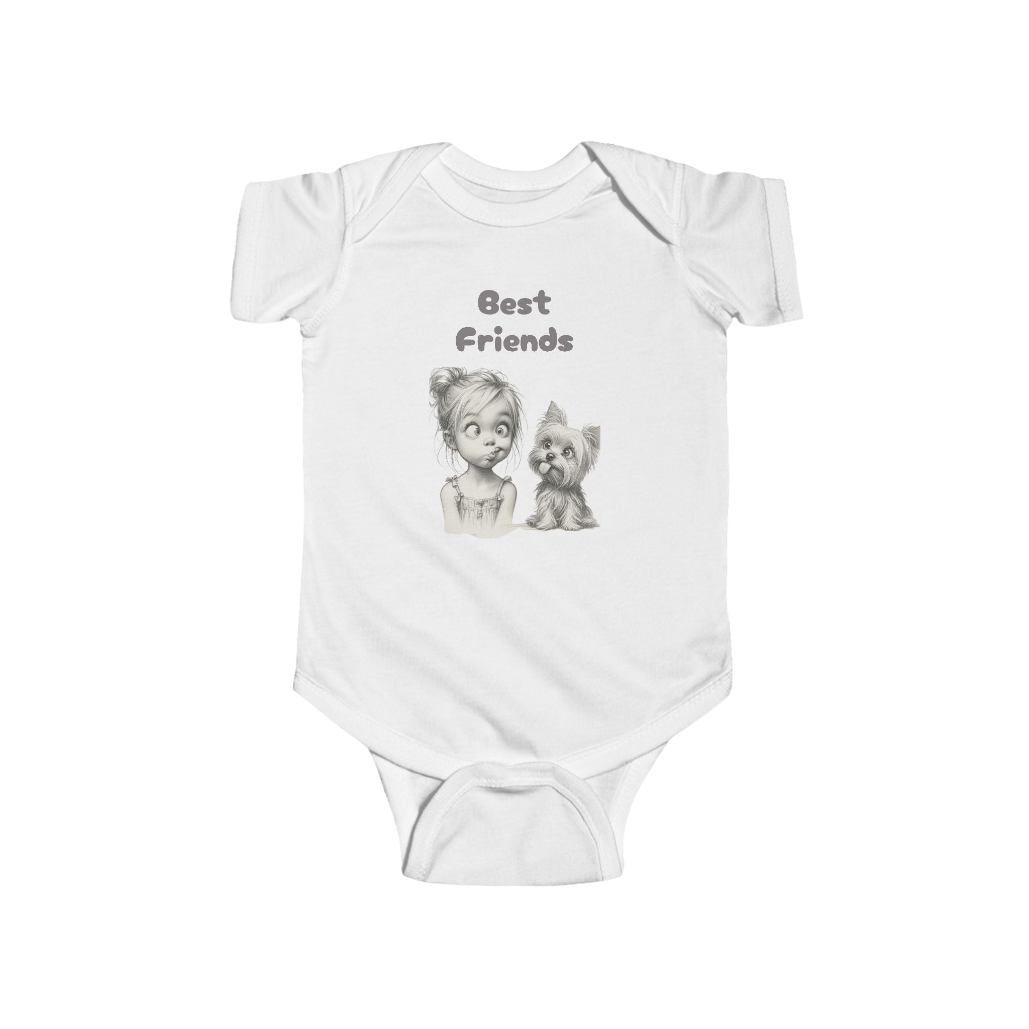 Baby Onesie Bodysuit - "Best Friends" Cute Girl & Puppy Onesie with Paw Print Back - Sizes NB to 24mos