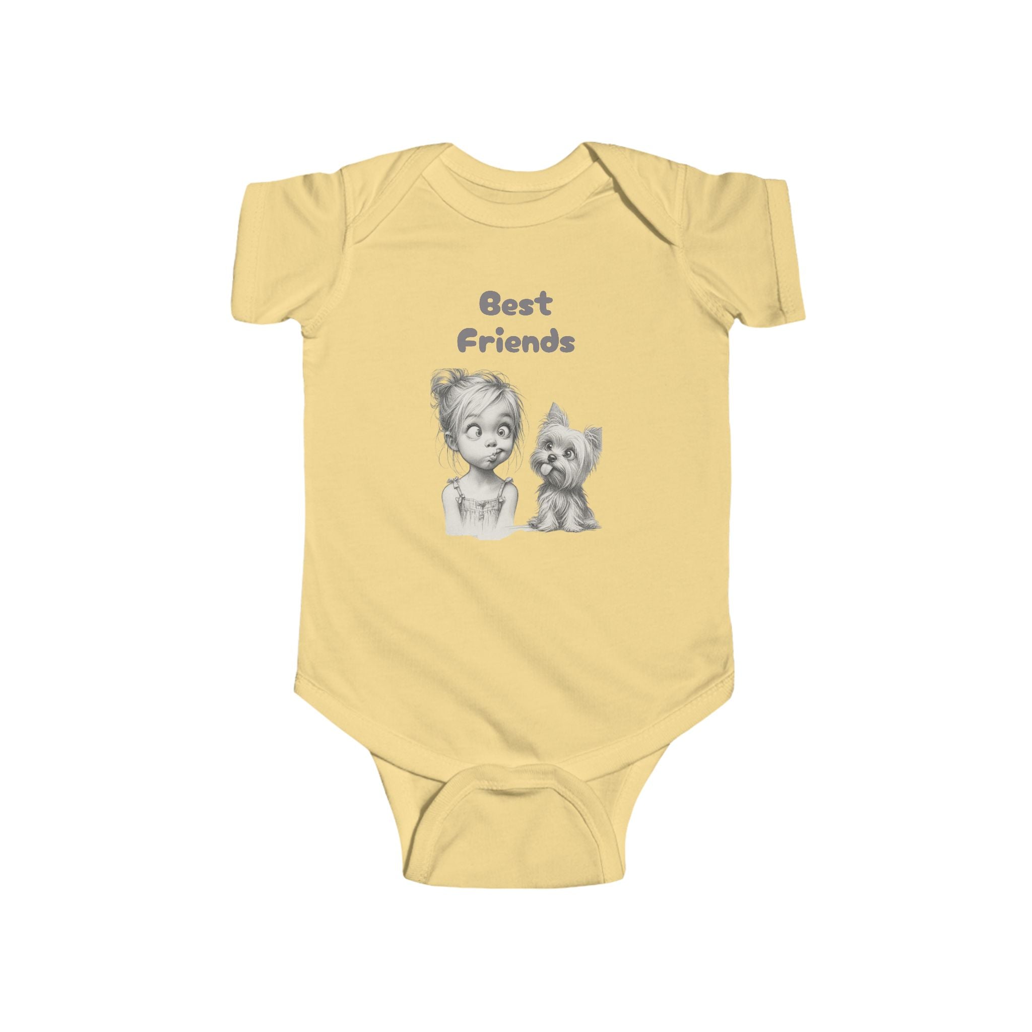 Baby Onesie Bodysuit - "Best Friends" Cute Girl & Puppy Onesie with Paw Print Back - Sizes NB to 24mos